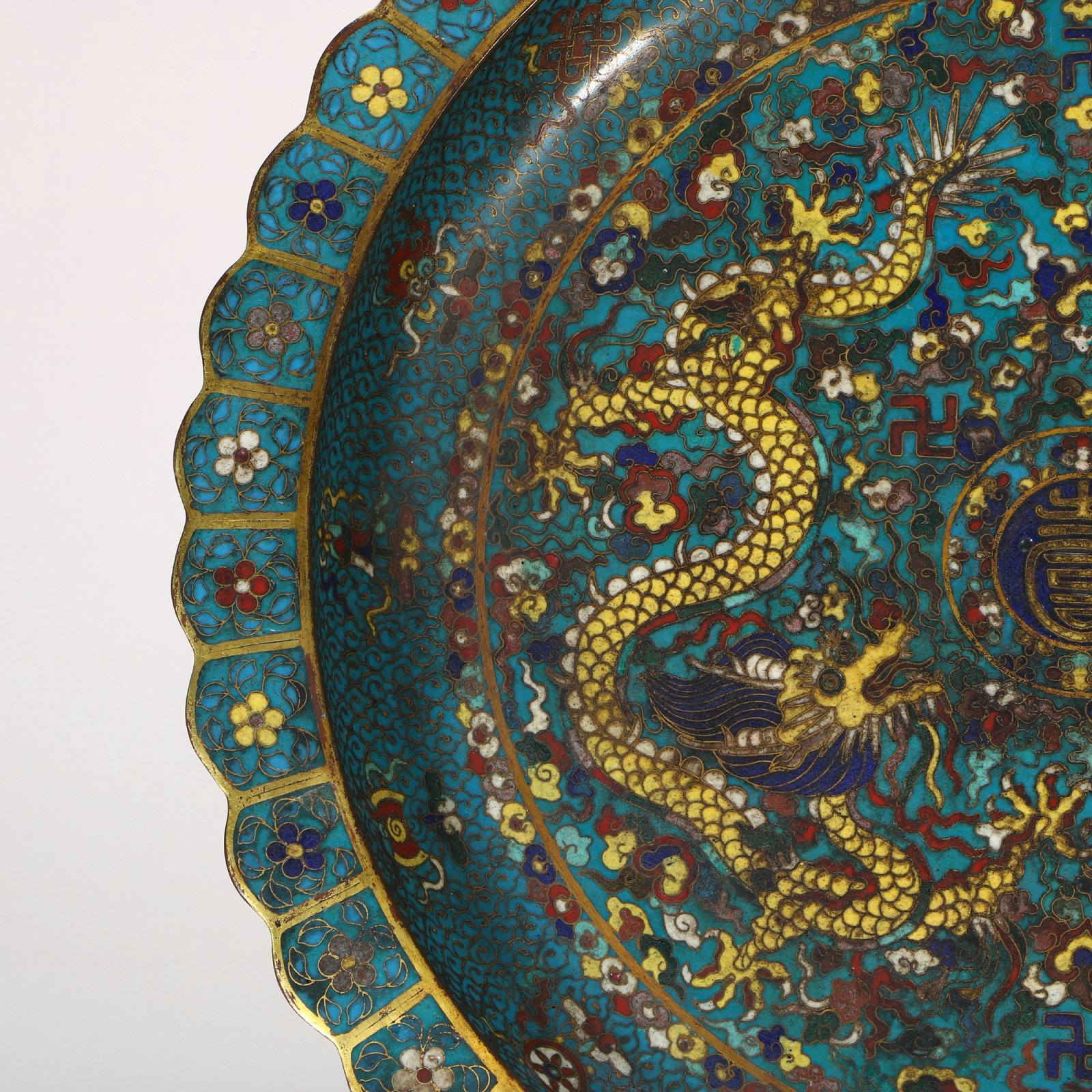 A large cloisonn?? plate with a copper base - 2