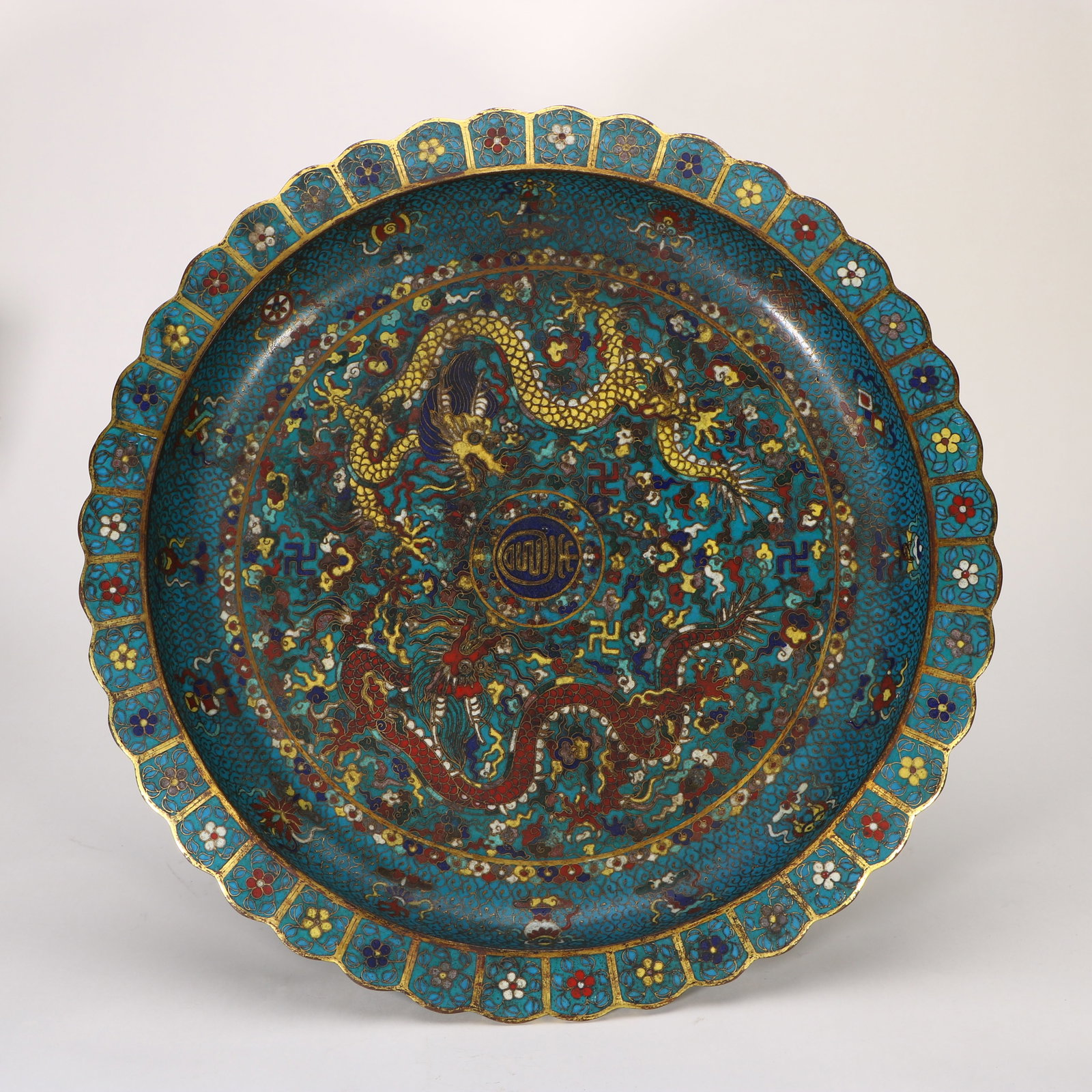 A large cloisonn?? plate with a copper base - 5