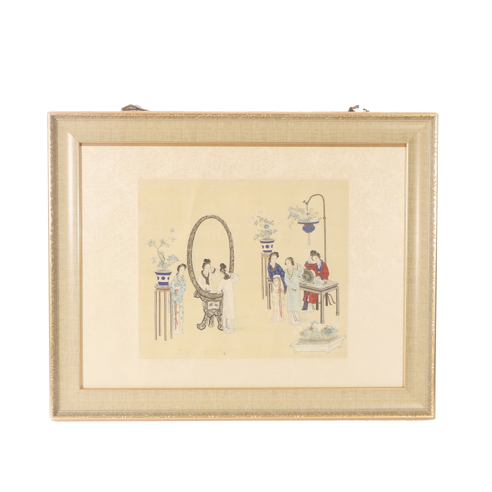 A Chinese Figure Painting: A colorful figure painting depicting several elegantly dressed women, unsigned, mounted in a frame. H: 33.5cm W: 39cm (painting)