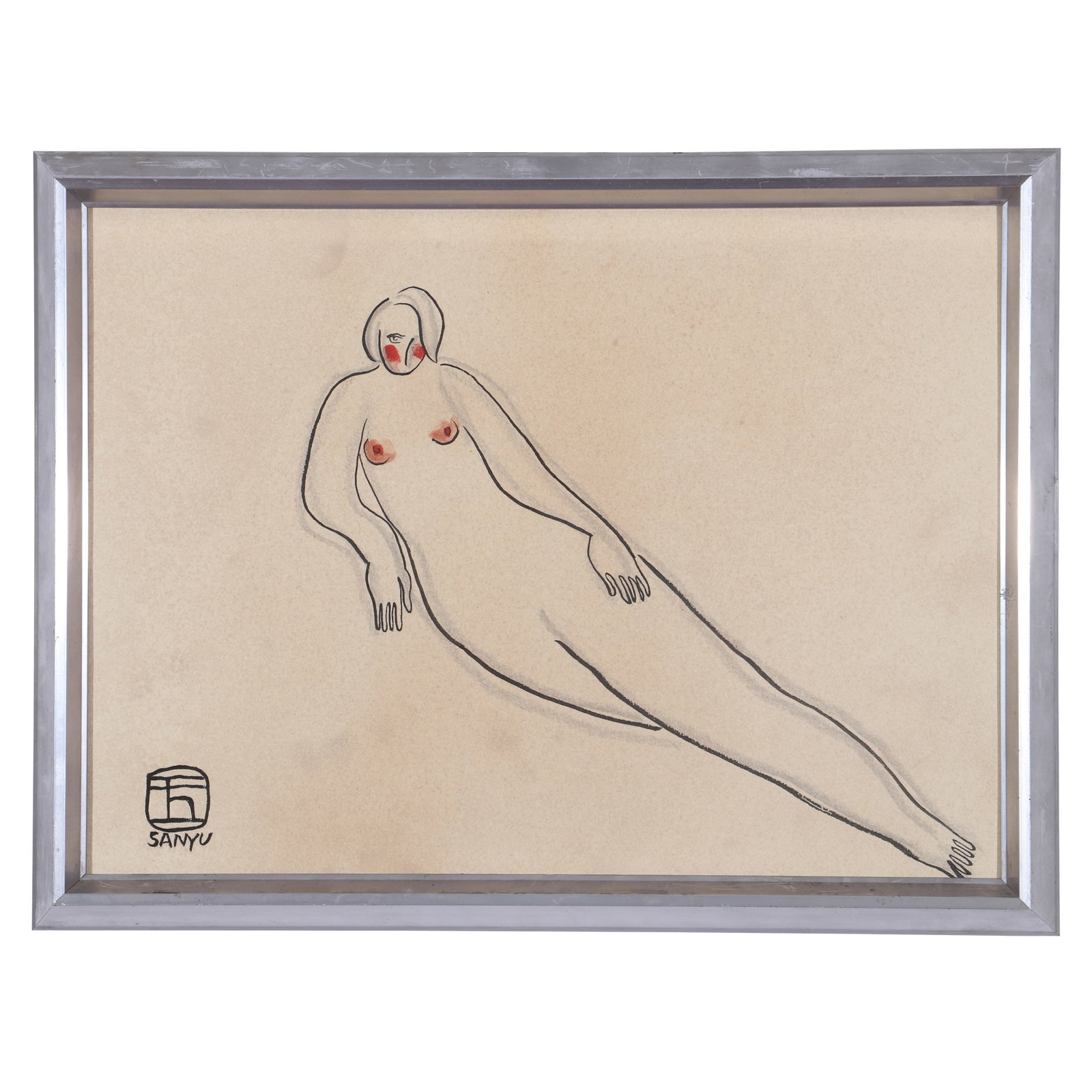 A Portrait Painting, Signed by Sanyu: A portrait painting, signed by Sanyu, drawing a naked woman lying on her side in color on paper. The back of the painting has an introduction and a numbered label. Equipped with a metal frame. H: 25.5