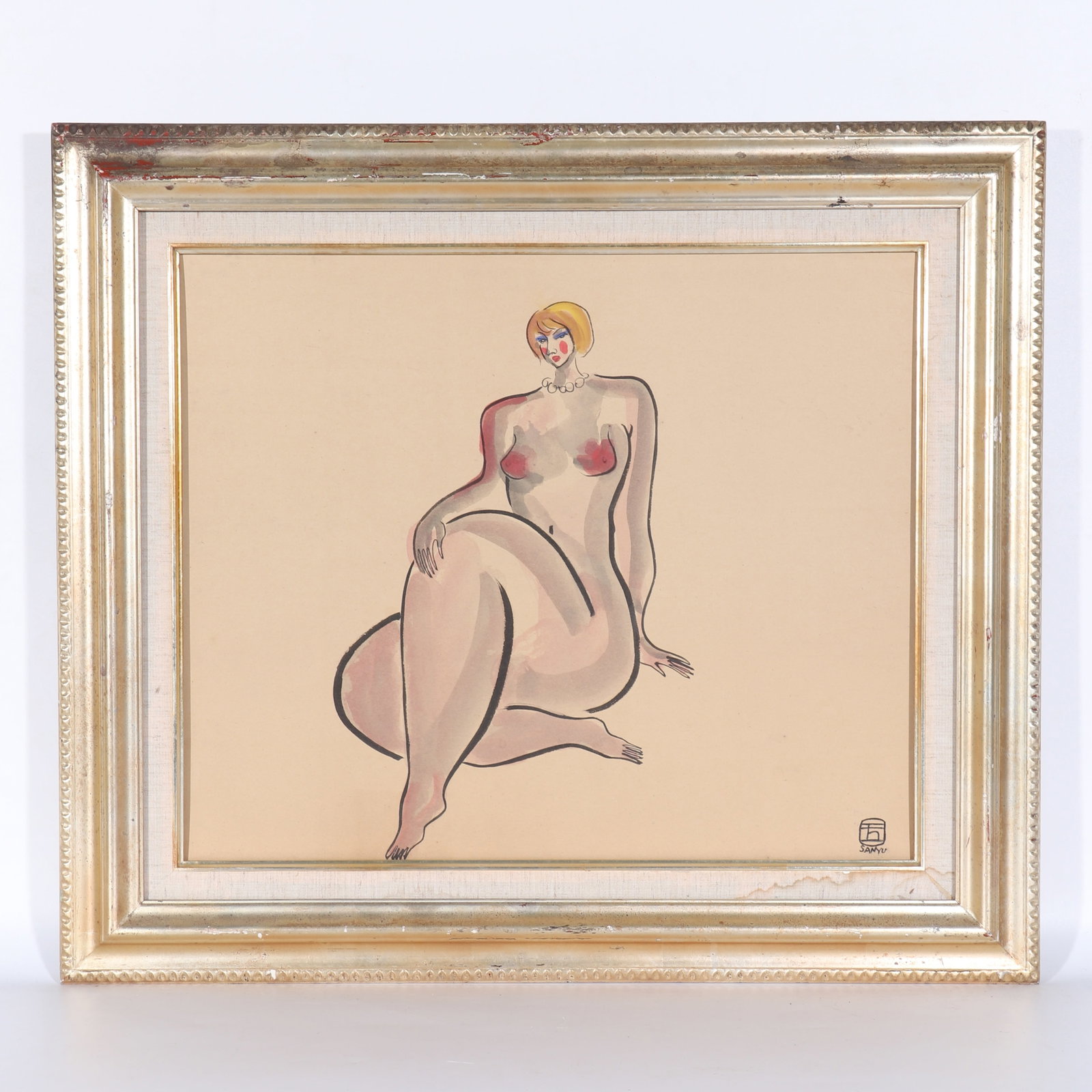 A Portrait Painting, Signed by Sanyu: A portrait painting, signed by Sanyu, drawing a naked woman wearing a necklace sitting on the ground on paper in color. Mounted in a beautiful frame. H: 38cm W: 45.5cm (painting)