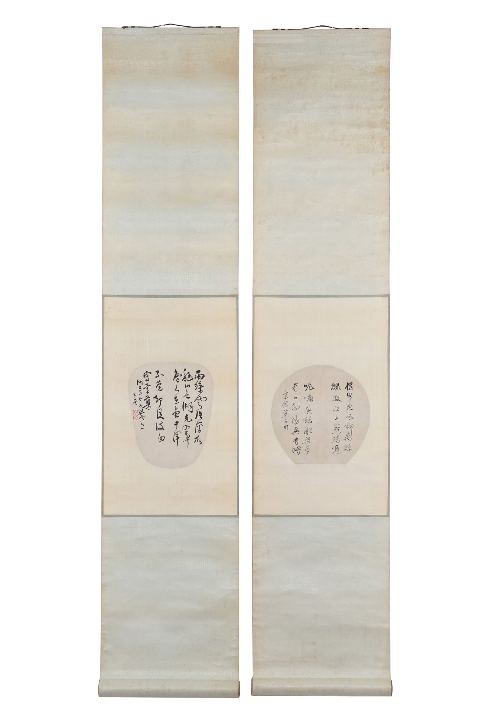 Two Pieces of Chinese Calligraphy: Two pieces of Chinese calligraphy with signatures and seals. Write on paper with ink. Hanging scroll. H: 20.5cm W: 20.5cm, H: 22cm W: 18cm (painting)