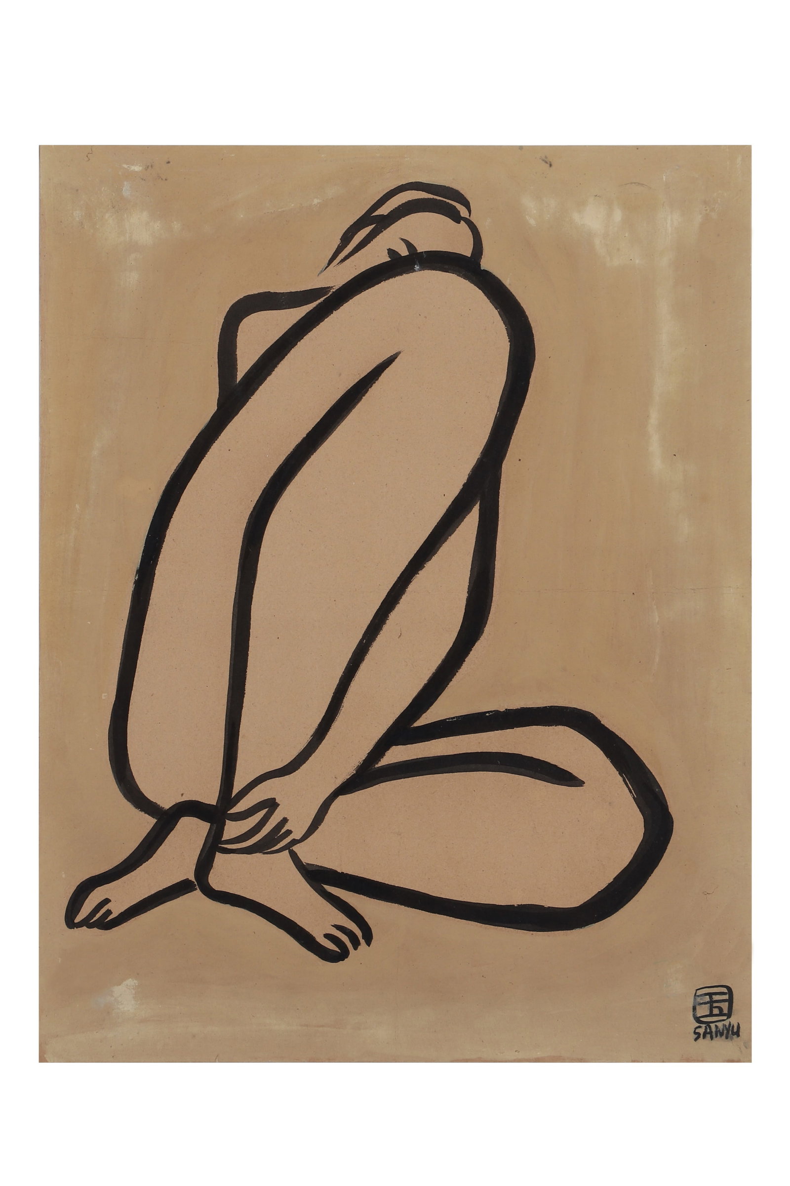 A Portrait Painting, Signed by Sanyu: A portrait painting, signed by Sanyu, drawing a sitting naked woman in color on paper. The back of the painting has an introduction and a numbered label. There is an old stamp on the back of the paint