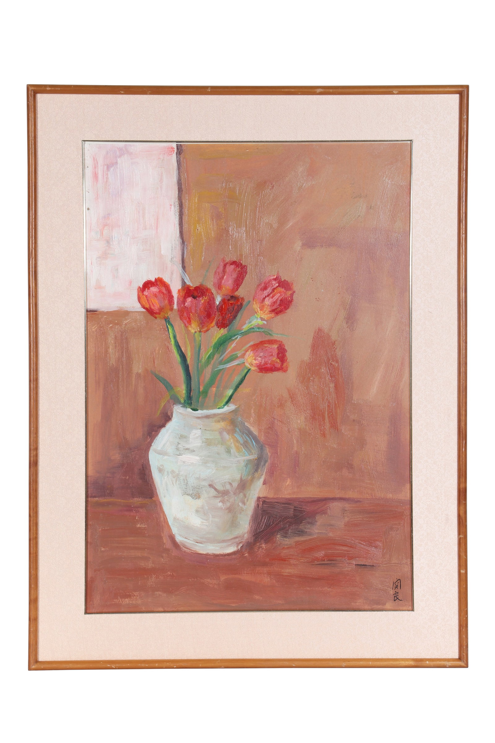 A Still Life Painting, Signed by Guan Liang: A still life painting, signed by Guan Liang. Drawing Flowers in a vase with colors on paper. There is an old author introduction label attached to the back of the painting. Mounted in a wooden frame. 