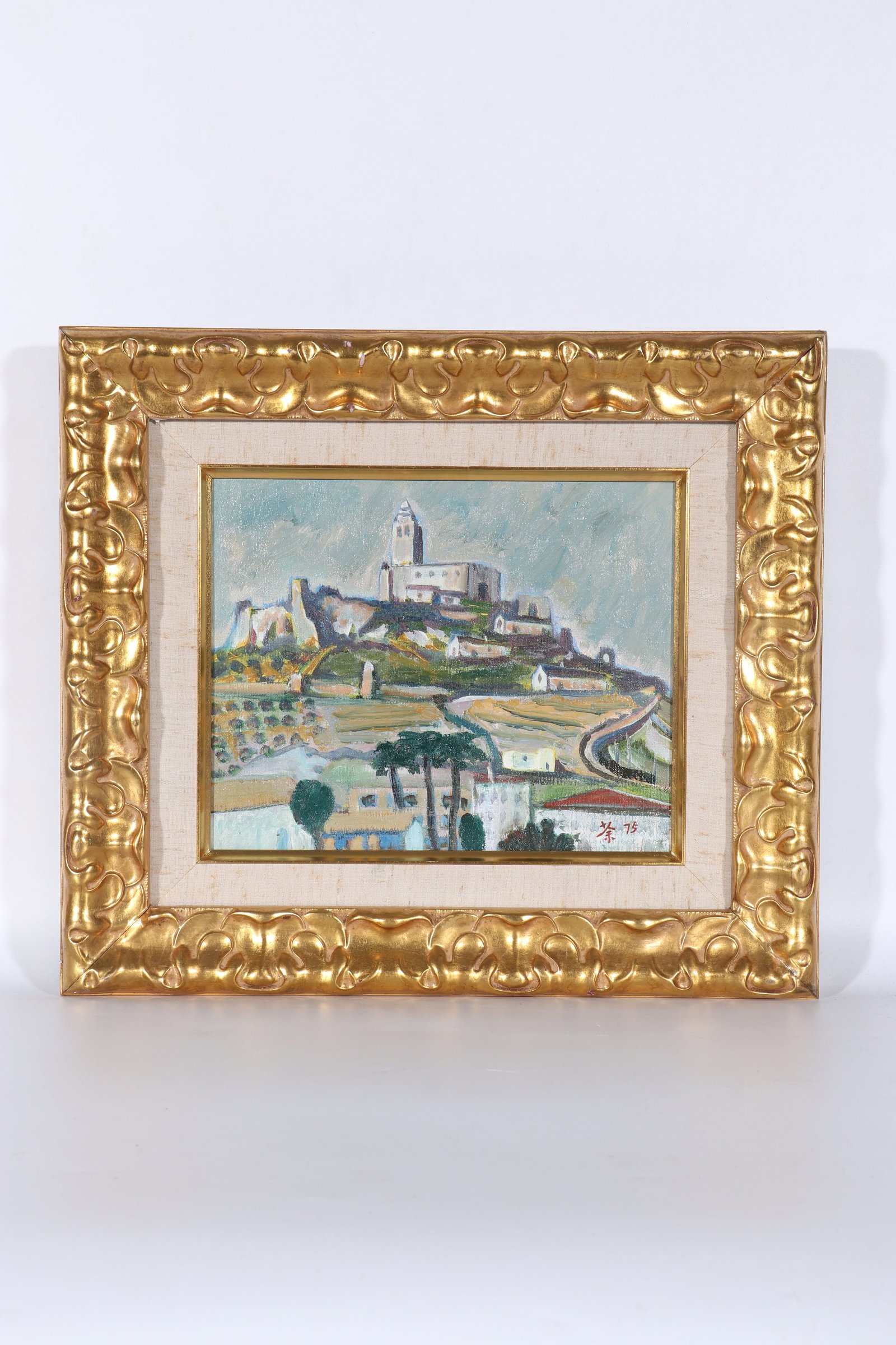 A Landscape Oil Painting, Signed by Wu Guanzhong: A landscape oil painting, signed by Wu Guanzhong. Painting the scenery of the town on canvas with paint. There is an old author introduction label attached to the back of the painting. Equipped with a