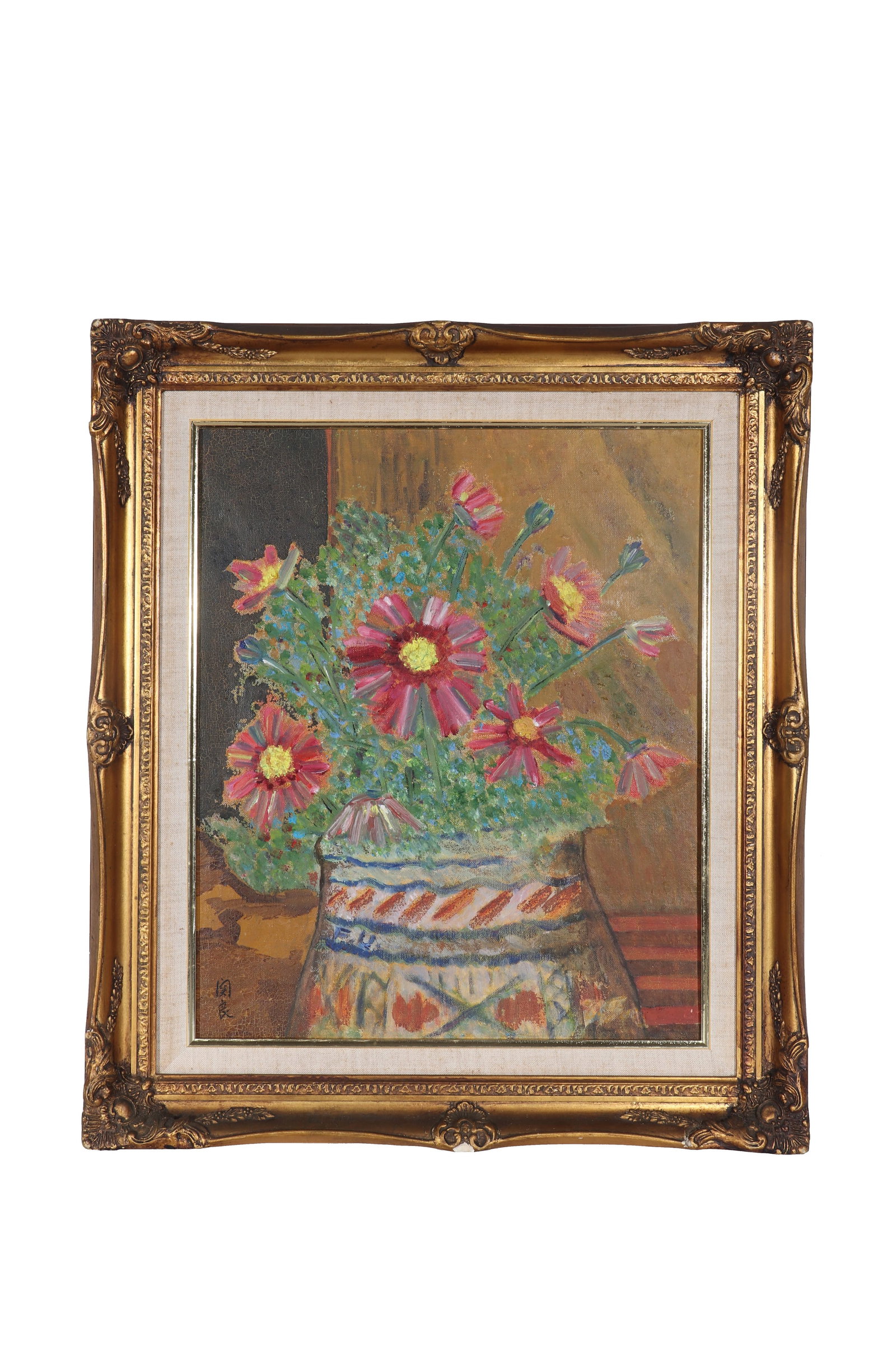 A Still Life Oil Painting, Signed by Guan Liang: A still life oil painting, Signed by Guan Liang. Drawing vases and flowers with paint on canvas. There is an old introduction label attached to the back of the painting. H: 45.5cm W: 38cm (painting)