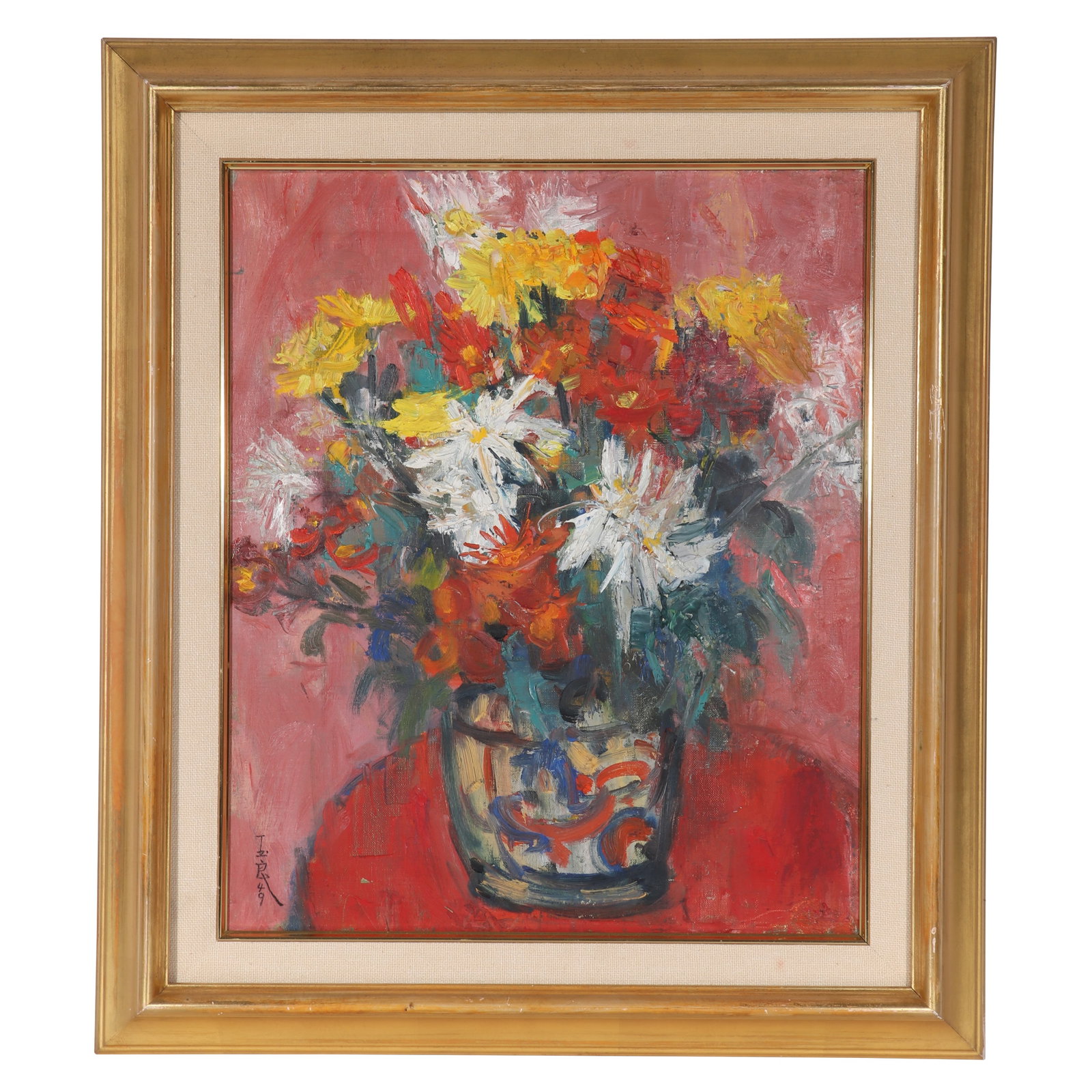 "FLOWERS IN A VASE", Signed by Pan Yuliang: A still life oil painting, signed by Pan Yuliang, using colored pigments to paint the flowers in a vase on canvas. There are old tags with "BLUETT & SONS" and numbers, as well as old tags with collect