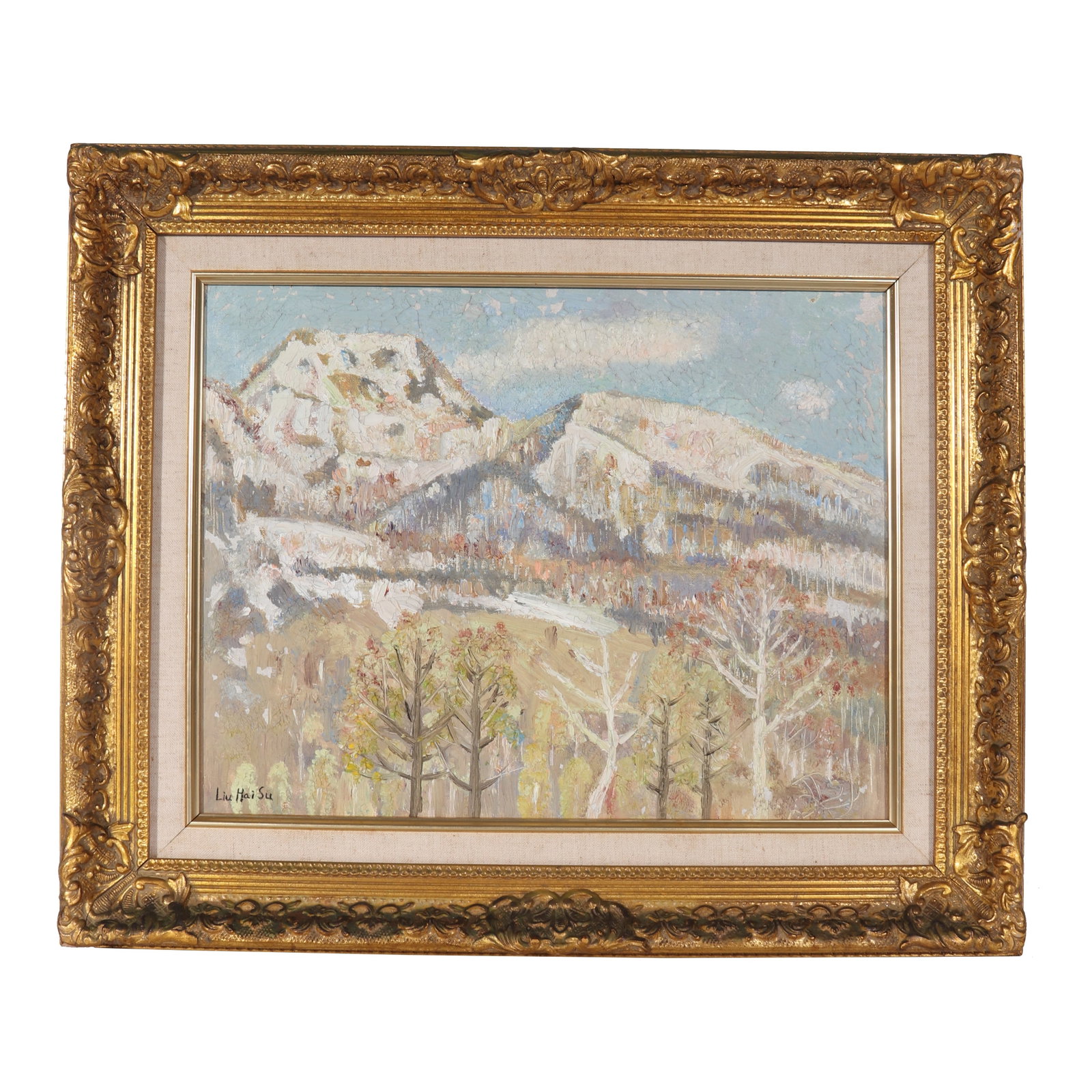 "AUTUMN", Signed by Liu Haisu: An autumn landscape oil painting, signed by Liu Haisu, using colored pigments to depict the autumn scenery on canvas. There are old tags with "BLUETT & SONS" and numbers, as well as old tags with coll