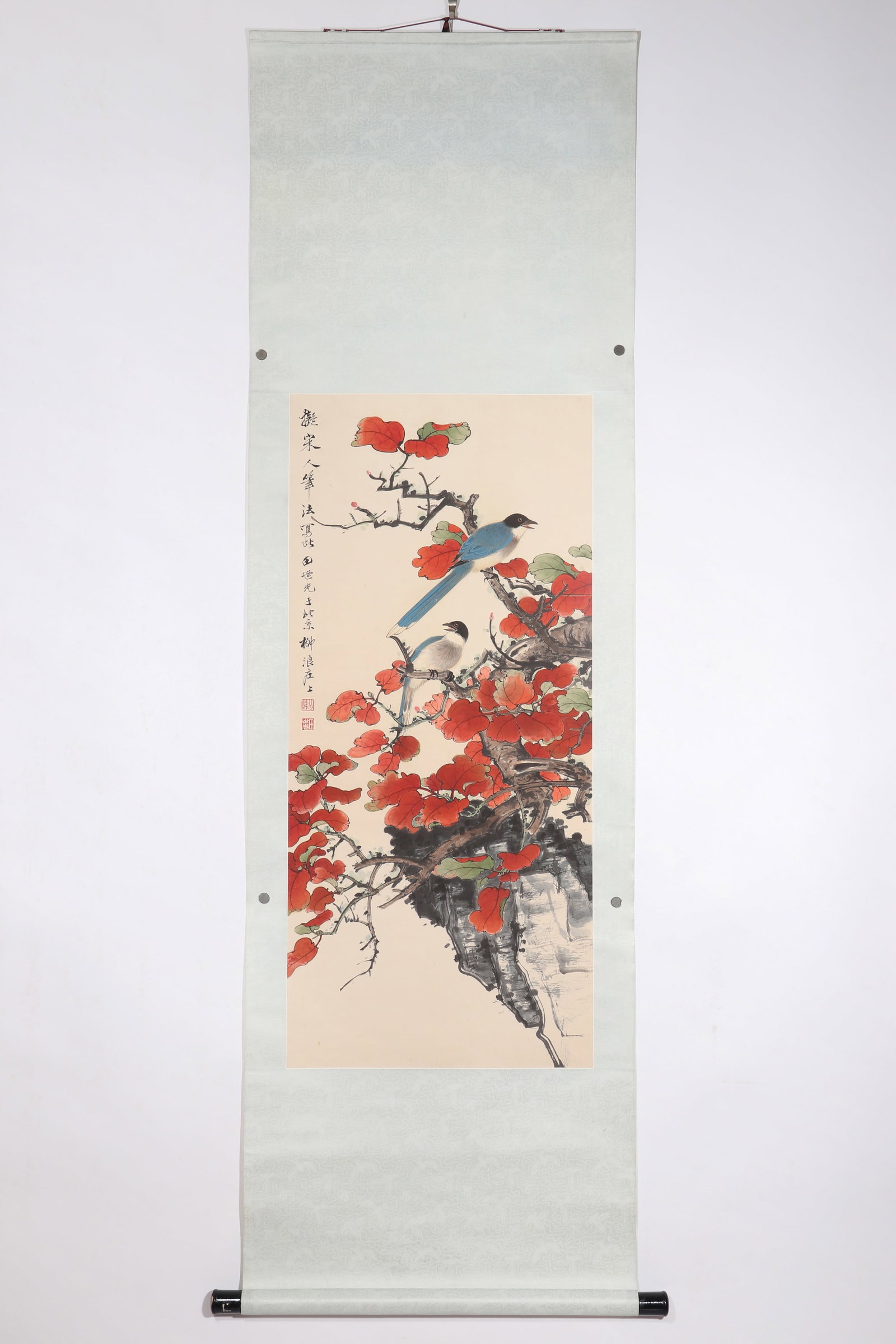 A Chinese Flower and Bird Painting, Signed by Tian Shiguang: A Chinese flower and bird painting, signed by Tian Shiguang, featuring two seals, painting flowers, birds and butterflies on paper in color. Hanging scroll. H: 97cm W: 43.5cm (painting)