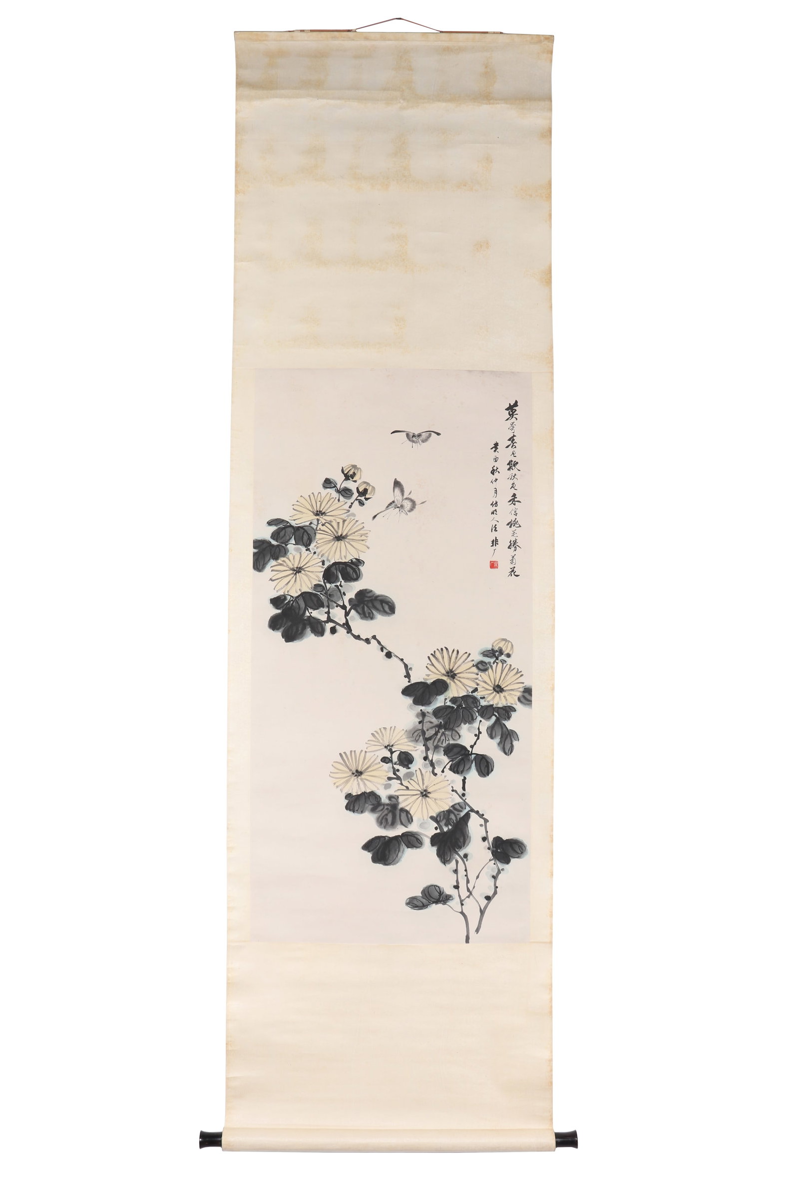 A Chinese Floral Painting, Signed by Yu Feian: A Chinese floral painting, signed by Yu Feian, featuring a seal, drawing some flowers and butterflies on paper in color. Hanging scroll. H: 89.5cm W: 43.5cm (painting)