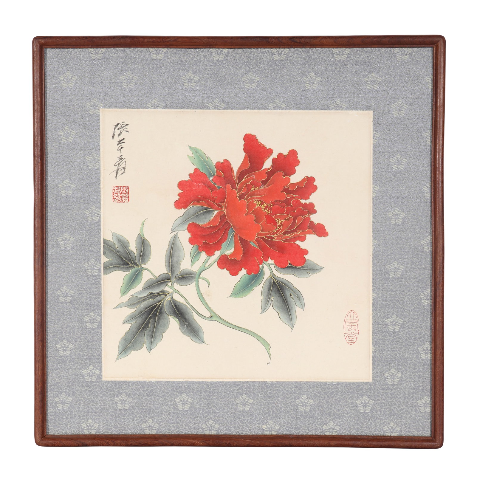 A Chinese Floral Painting, Signed by Zhang Daqian: A Chinese floral painting, signed by Zhang Daqian, featuring two seals, drawing flowers on paper in color. Mounted in a wooden frame. H: 22.5cm W: 22.5cm (painting)