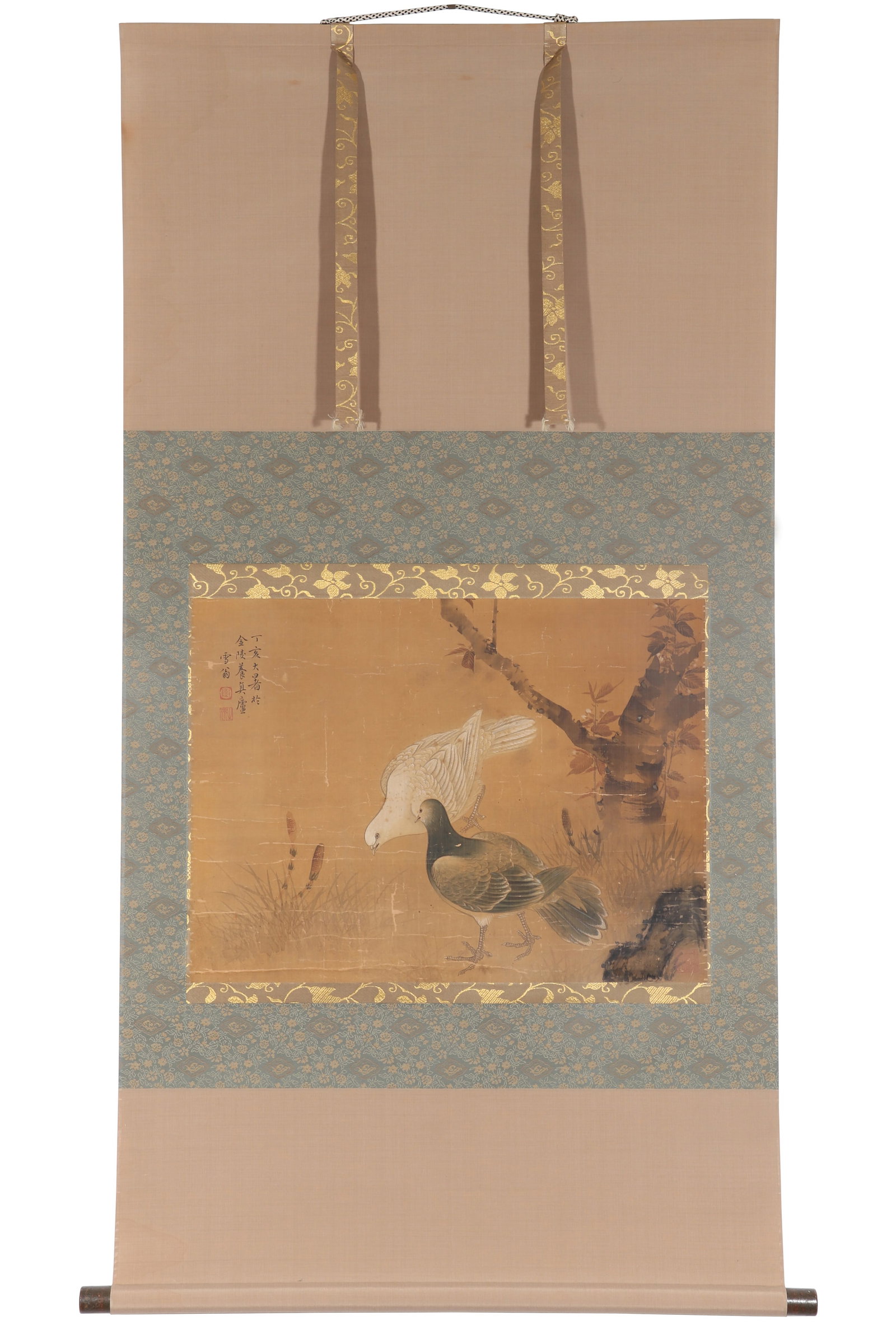 A Chinese Flower and Bird Painting, Signed by Chen Zhifo: A Chinese flower and bird painting, Signed by Chen Zhifo, featuring two seals. Painting flowers, birds, trees, and stones on silk with colors. Hanging scroll. H: 40cm W: 54cm (painting)