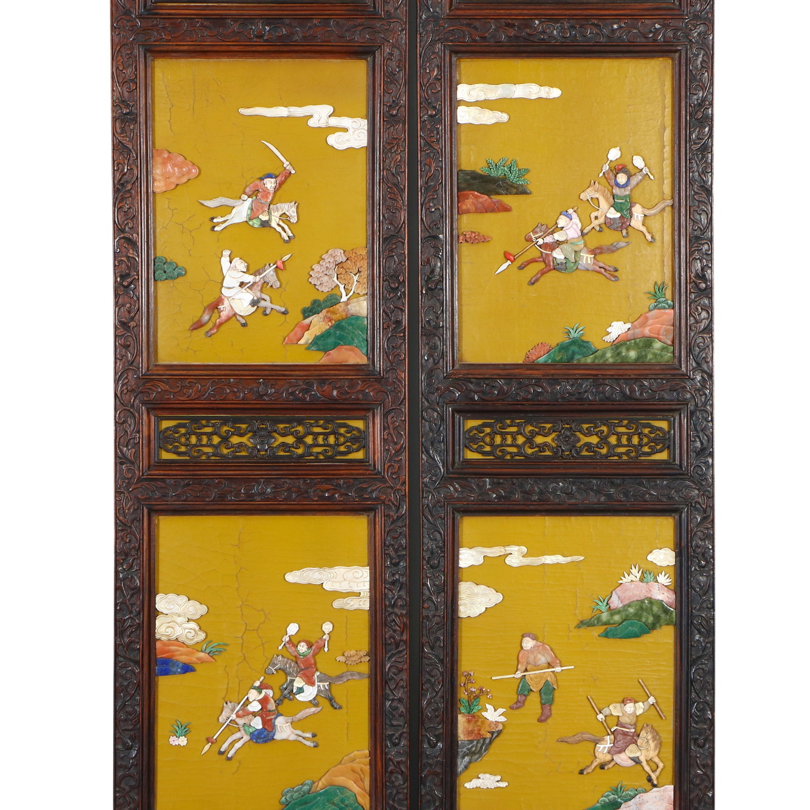 A Chinese Huanghuali wood inlaid with various precious stones, ten-panel screen depicting figures - 10