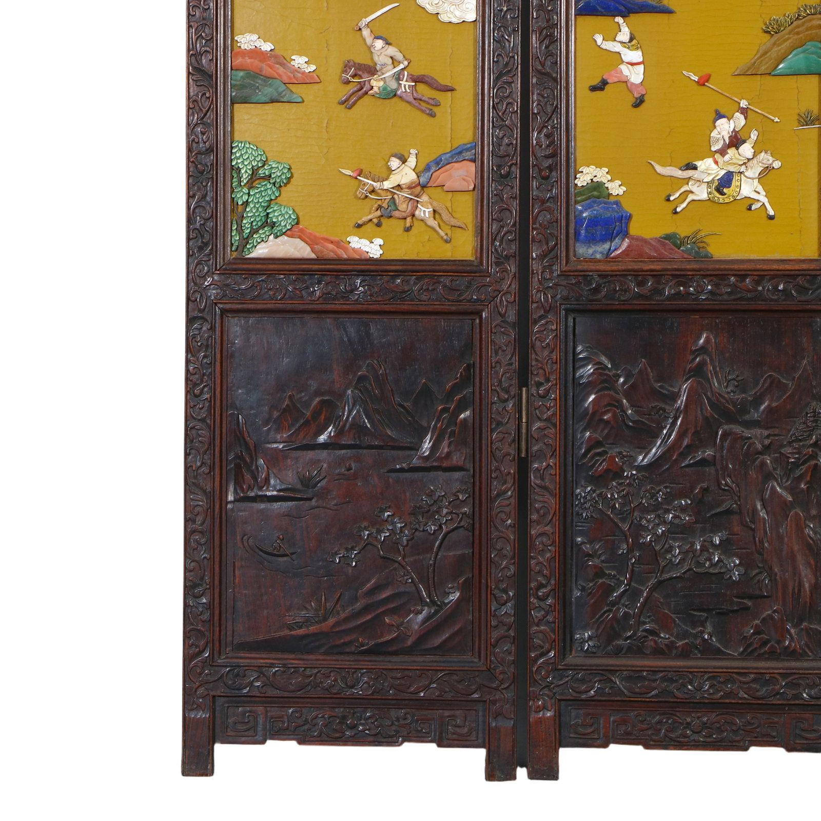 A Chinese Huanghuali wood inlaid with various precious stones, ten-panel screen depicting figures - 11