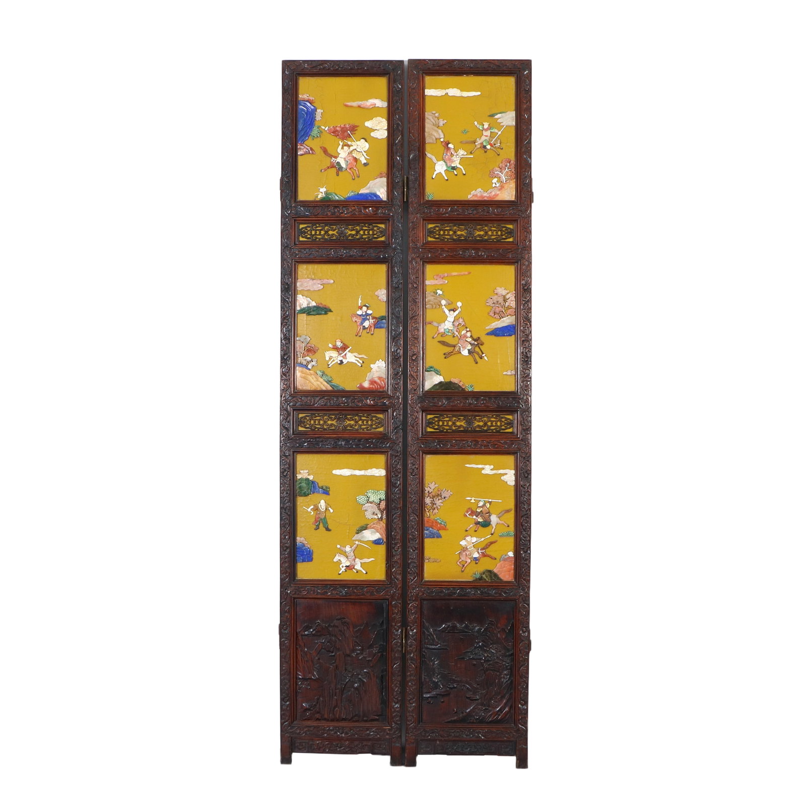 A Chinese Huanghuali wood inlaid with various precious stones, ten-panel screen depicting figures - 13