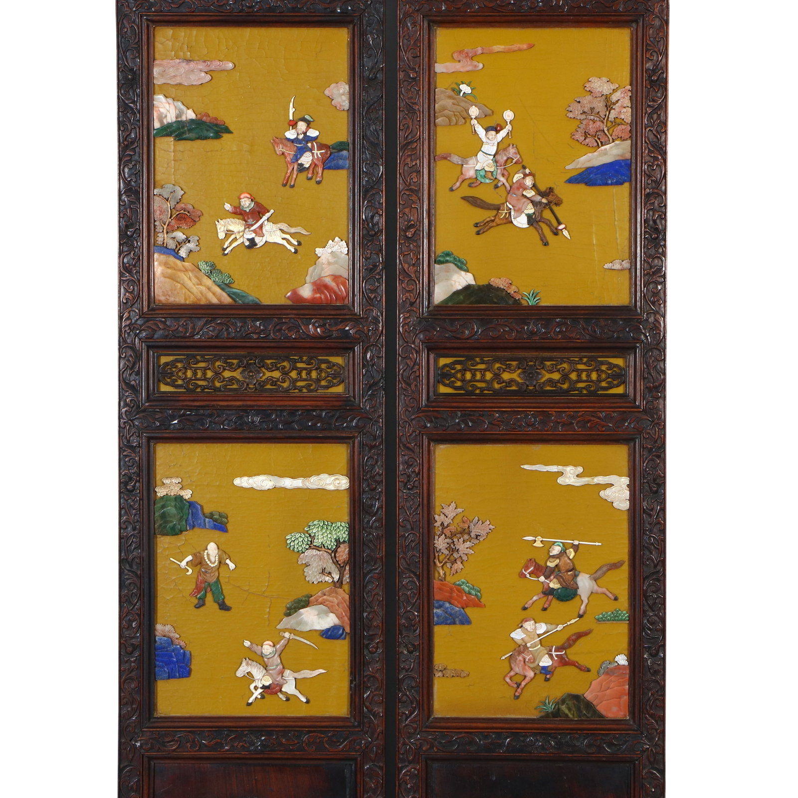 A Chinese Huanghuali wood inlaid with various precious stones, ten-panel screen depicting figures - 14