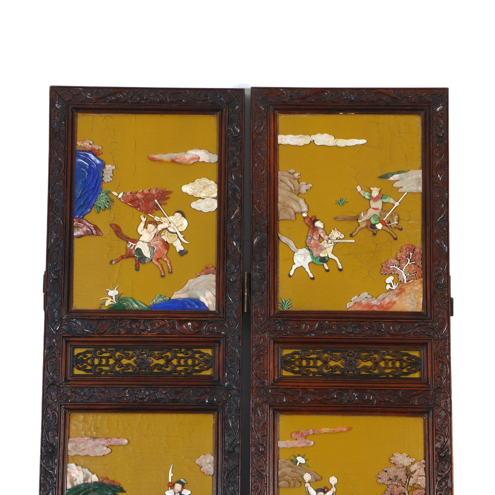 A Chinese Huanghuali wood inlaid with various precious stones, ten-panel screen depicting figures - 15