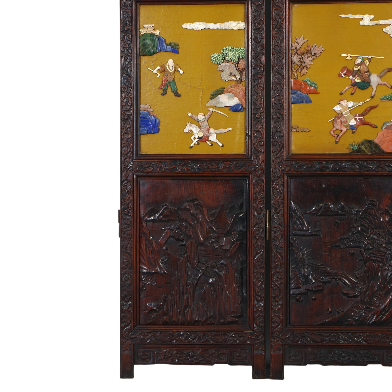 A Chinese Huanghuali wood inlaid with various precious stones, ten-panel screen depicting figures - 16