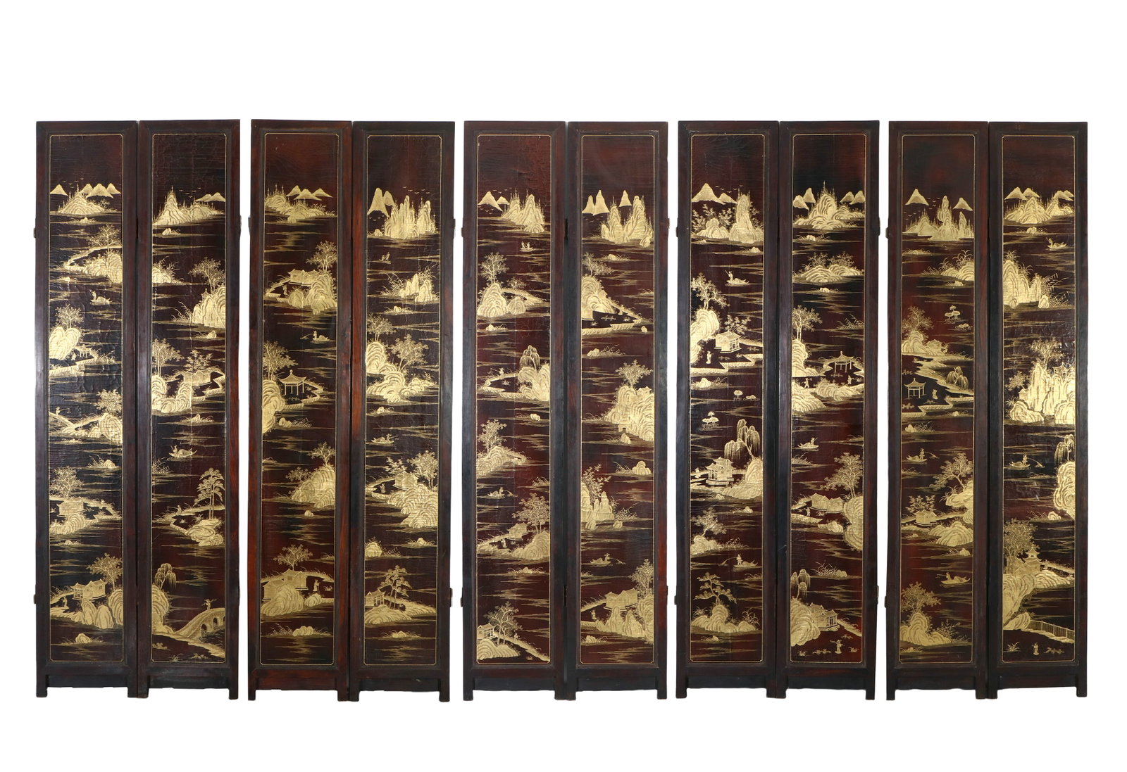A Chinese Huanghuali wood inlaid with various precious stones, ten-panel screen depicting figures - 18