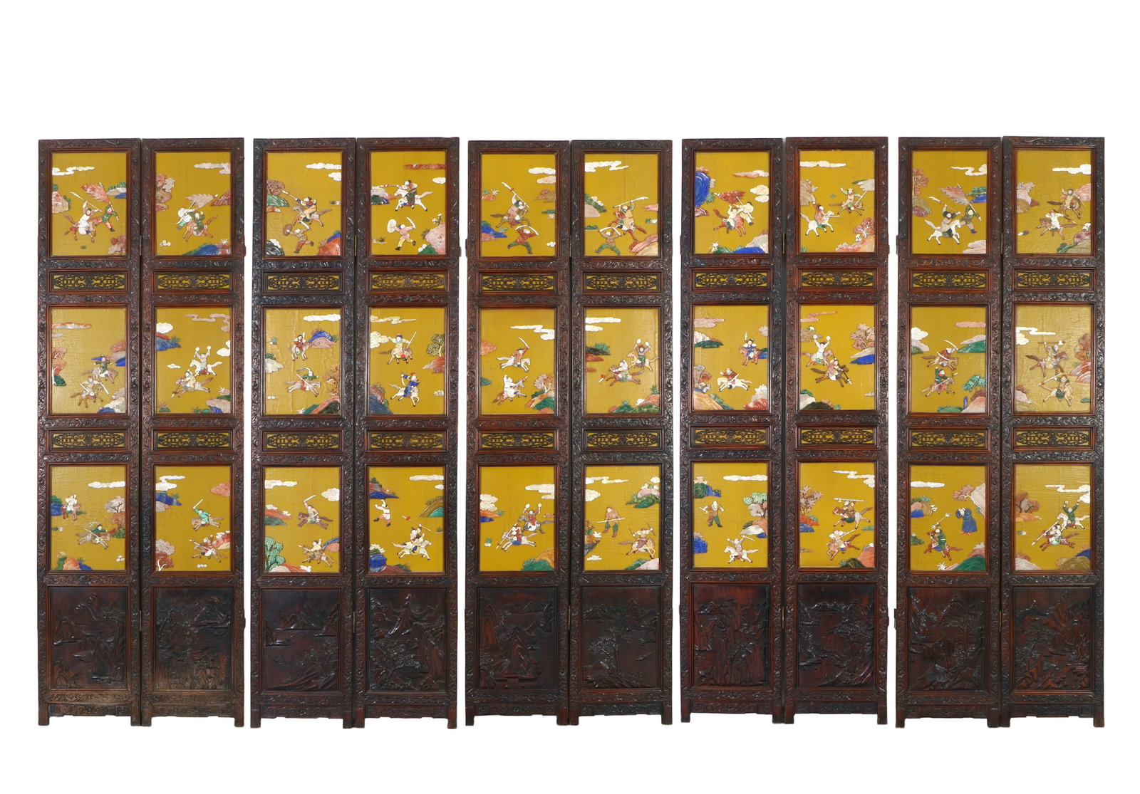 A Chinese Huanghuali wood inlaid with various precious stones, ten-panel screen depicting figures