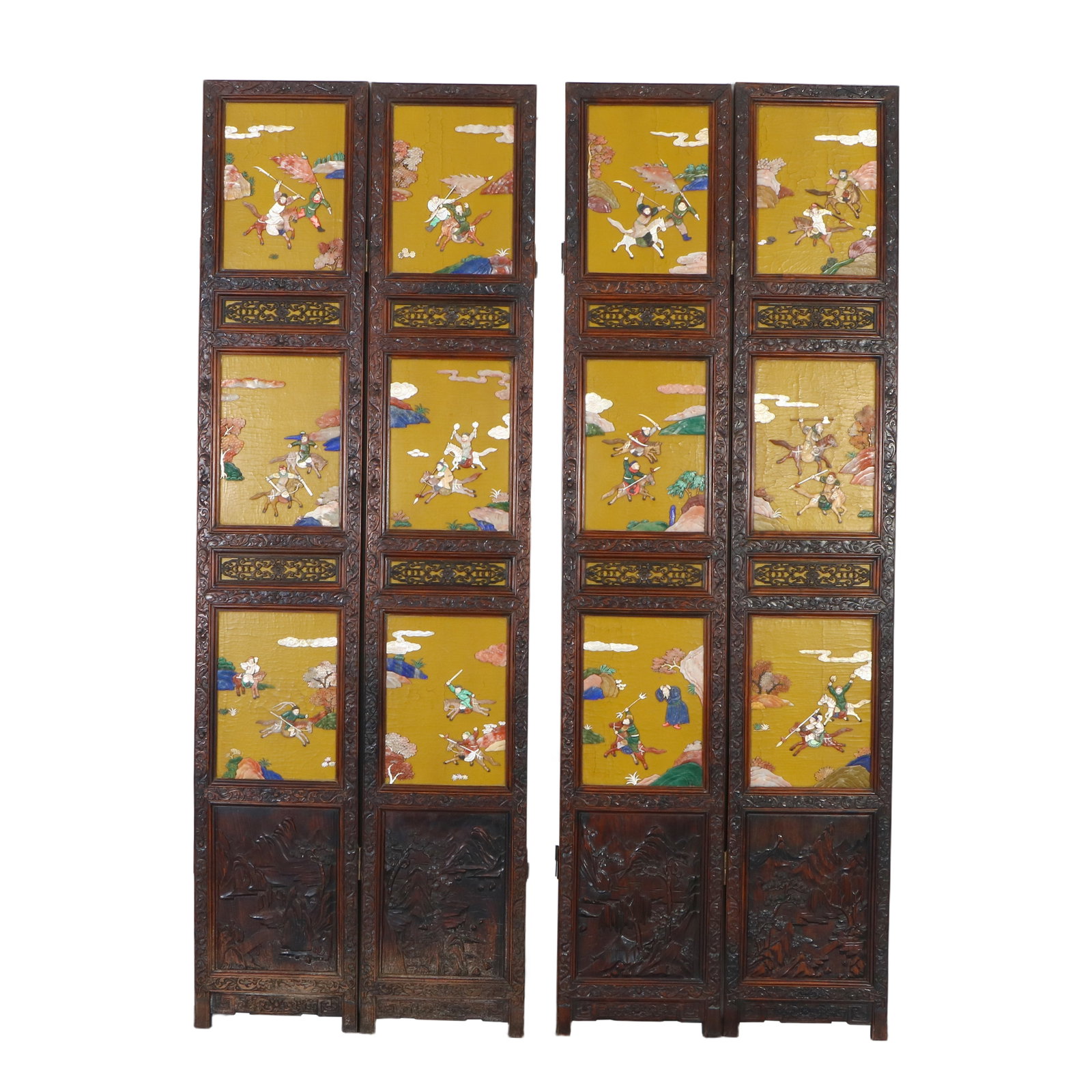 A Chinese Huanghuali wood inlaid with various precious stones, ten-panel screen depicting figures - 2