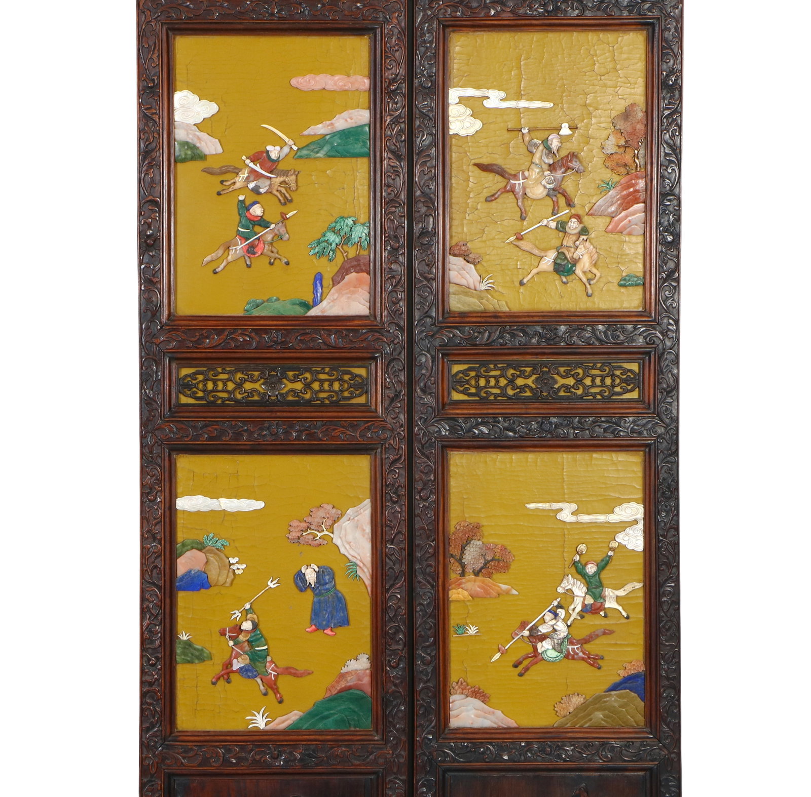 A Chinese Huanghuali wood inlaid with various precious stones, ten-panel screen depicting figures - 4