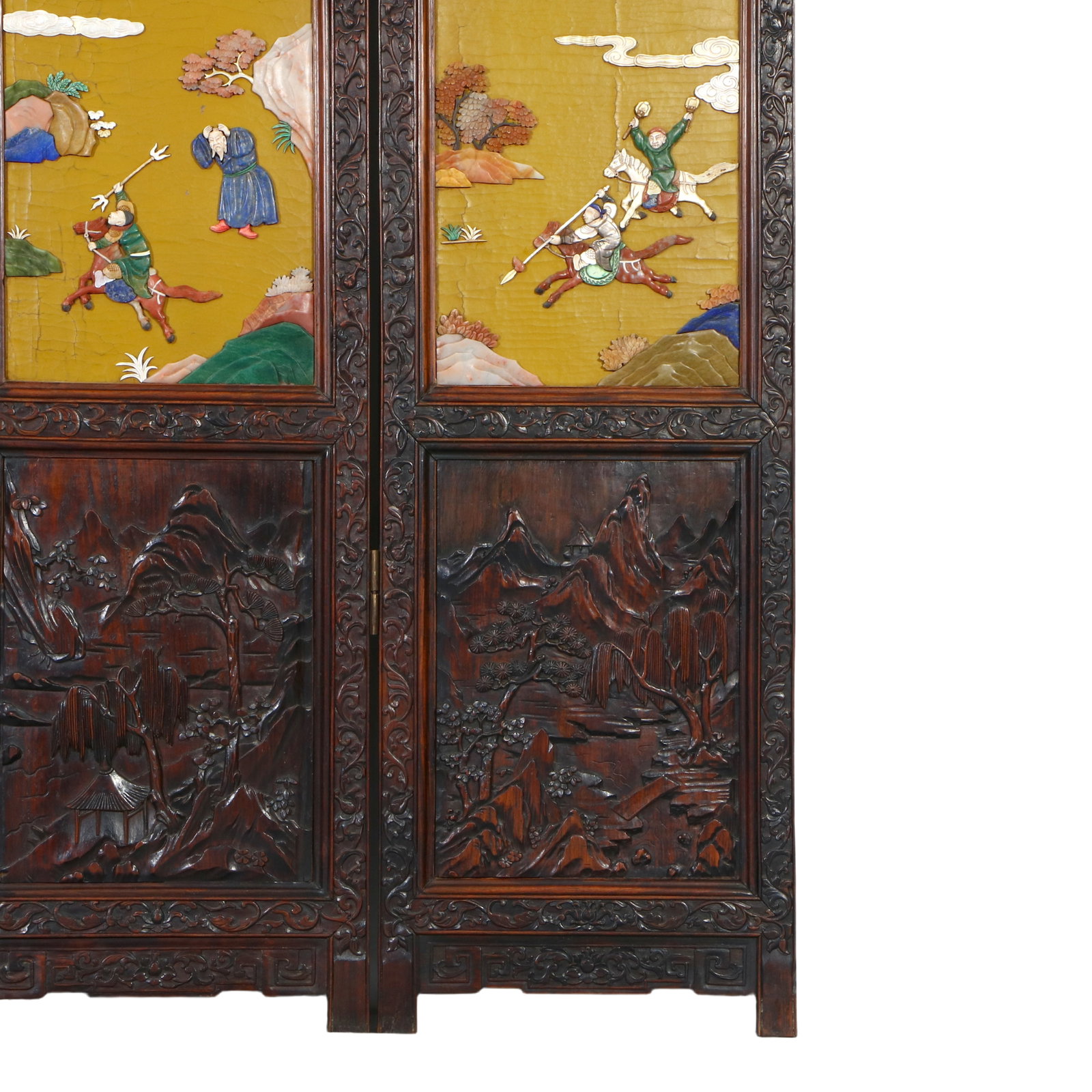 A Chinese Huanghuali wood inlaid with various precious stones, ten-panel screen depicting figures - 5