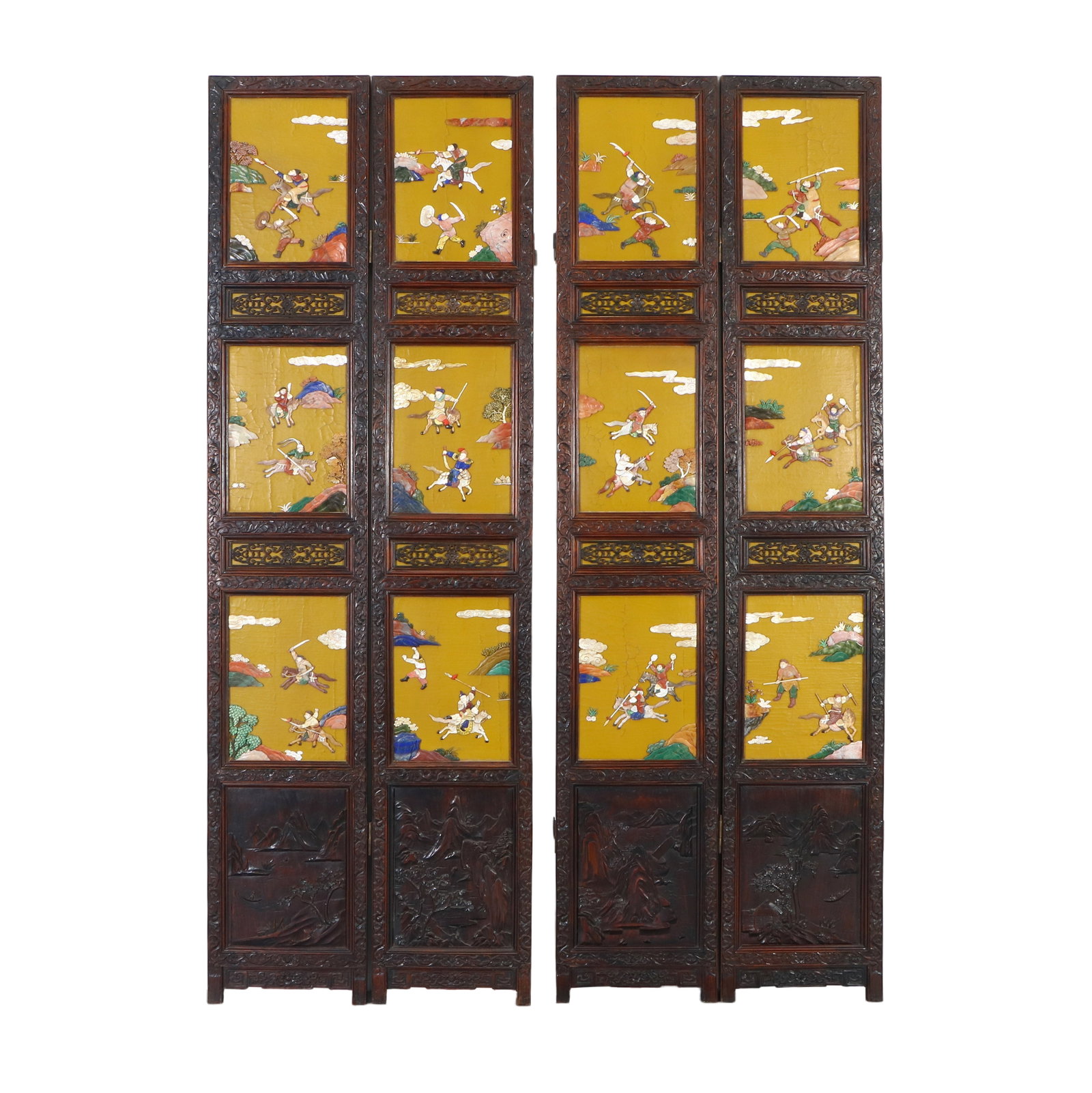 A Chinese Huanghuali wood inlaid with various precious stones, ten-panel screen depicting figures - 7