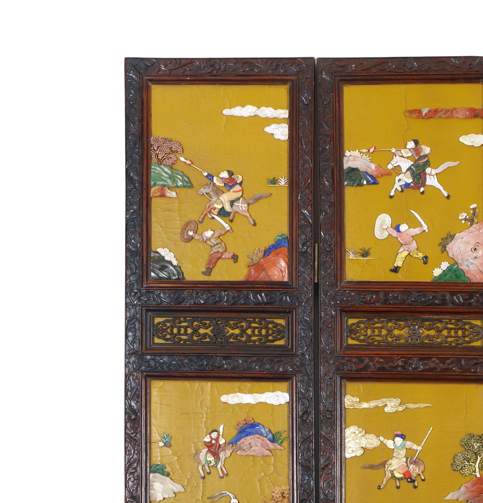 A Chinese Huanghuali wood inlaid with various precious stones, ten-panel screen depicting figures - 8