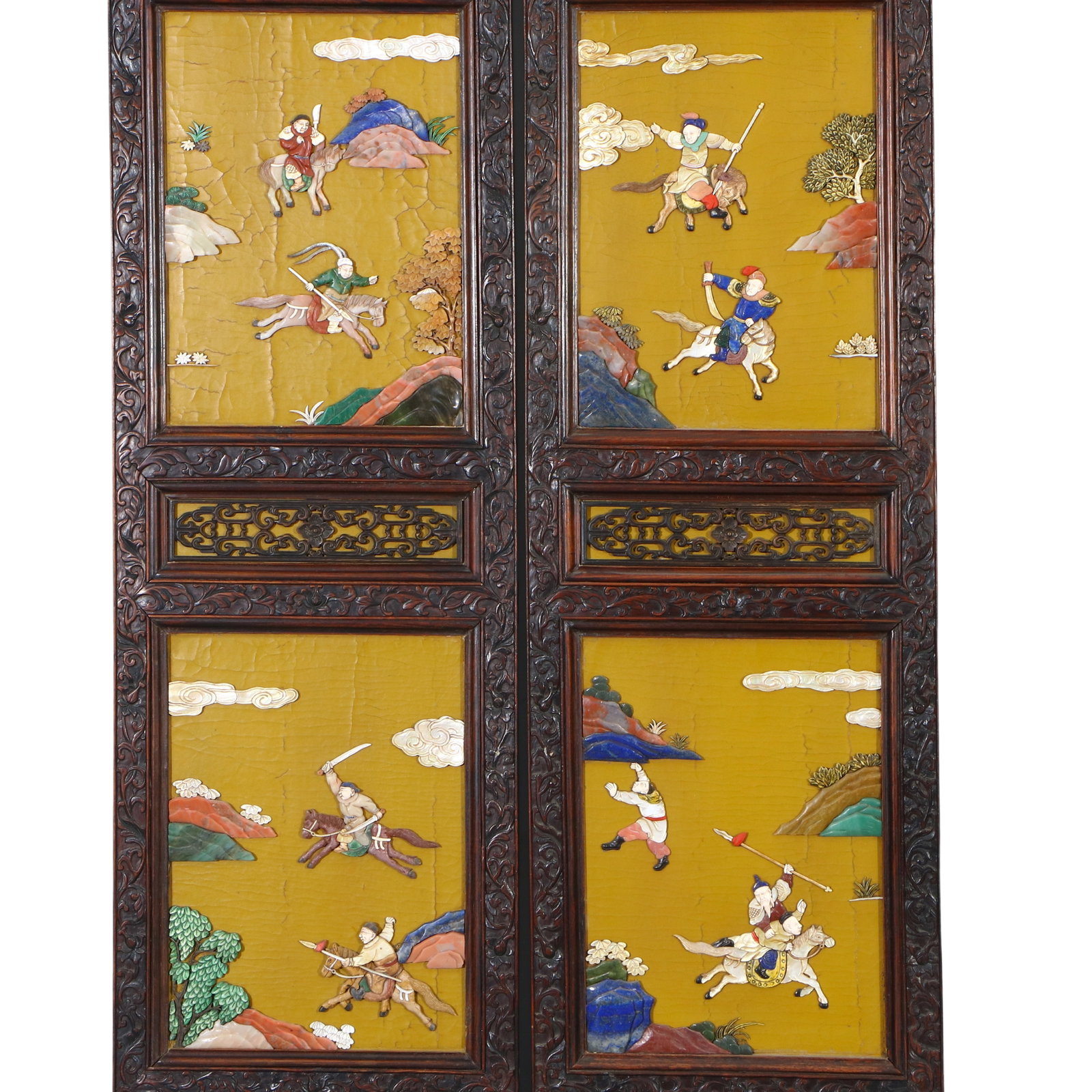 A Chinese Huanghuali wood inlaid with various precious stones, ten-panel screen depicting figures - 9