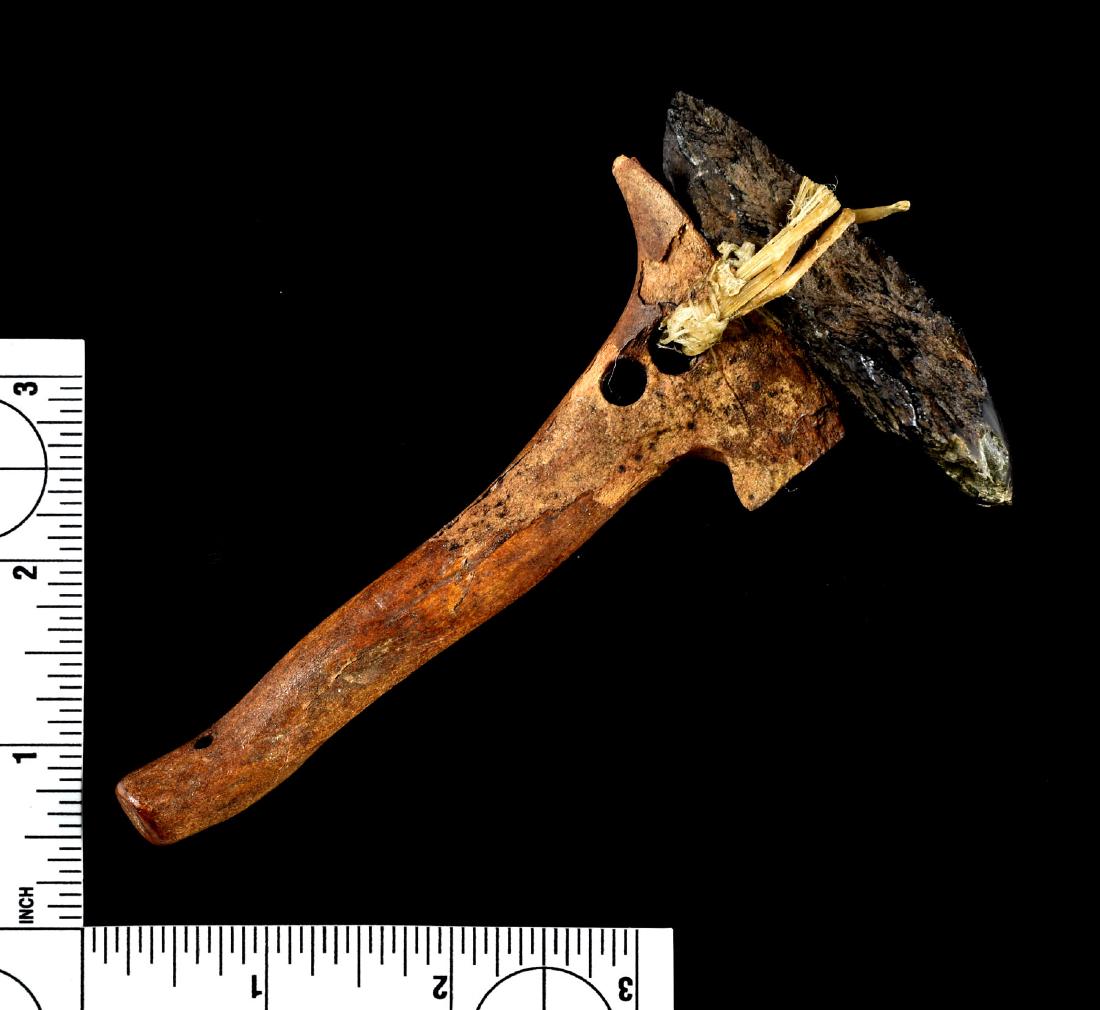 Unique Ancient Jade Celt With Bone Handle From Peru: Measures 4 3/4" overall. Polished dark green, almost black, Jade re-attached in more recent times with sinew. Rare item. Great conversation piece. Grandfathered item from an old North Central Ame