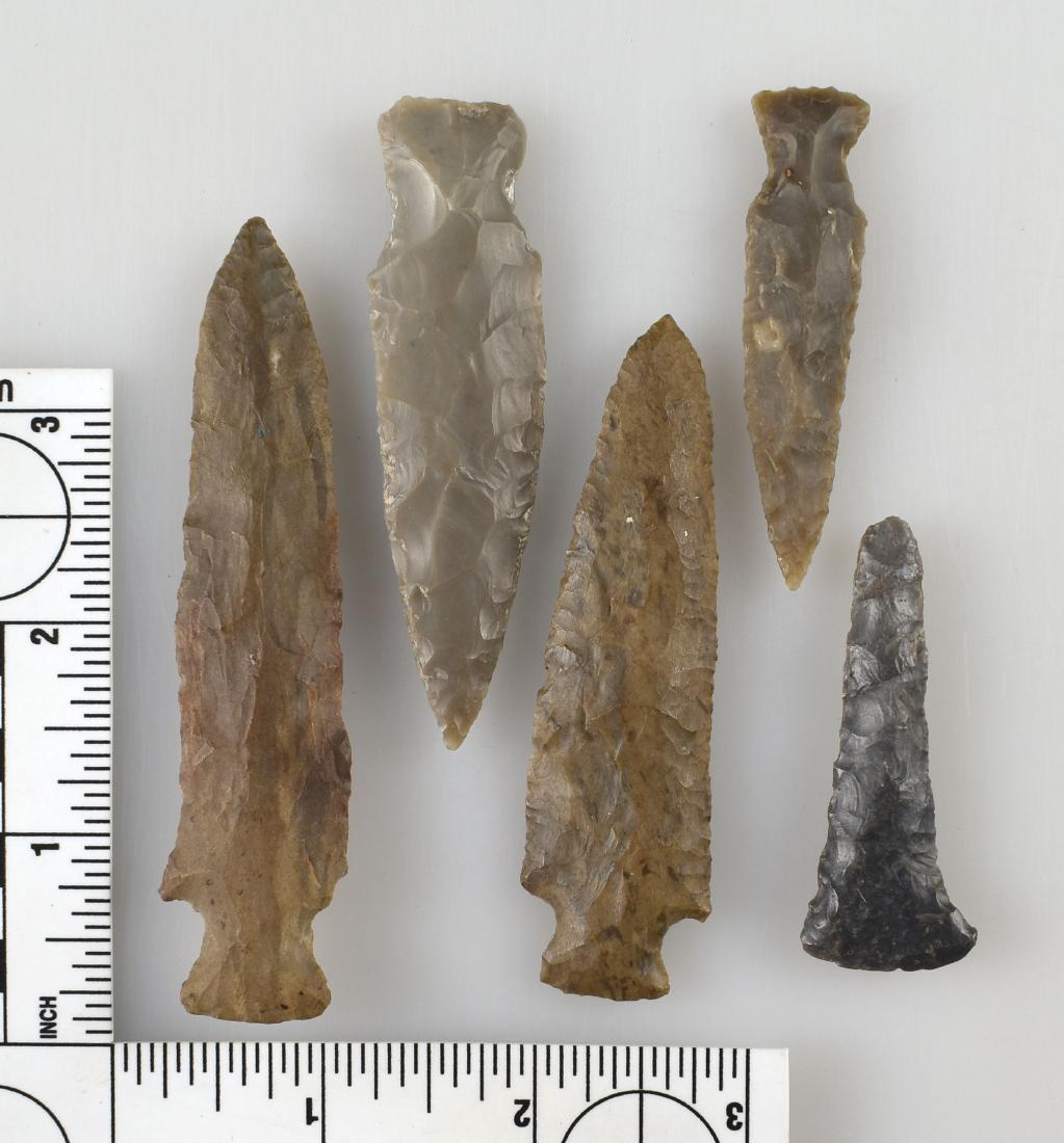 Super Dealer Lot of 5 SE Arrowheads: Longest is a large 3 3/4" Fishspear made of TN Dover, Ex- Don McMichael. Then there are two TX Fishspears, both with nice translucency, also Ex- McMichael. A fine 3 1/4" Dover Motley and a 2