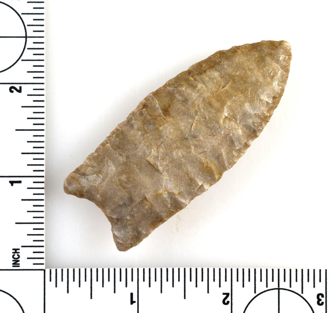 Pretty 2 3/4" Flint Ridge Clovis - Putty G-9 COA: Great color, great flutes, great form, and color. Made of glossy multicolored Flint Ridge. Literally damage free. Ex- 'famed' Walter Johnson Collection. Found in Harrison Co., Indiana. Putty G-9 COA.