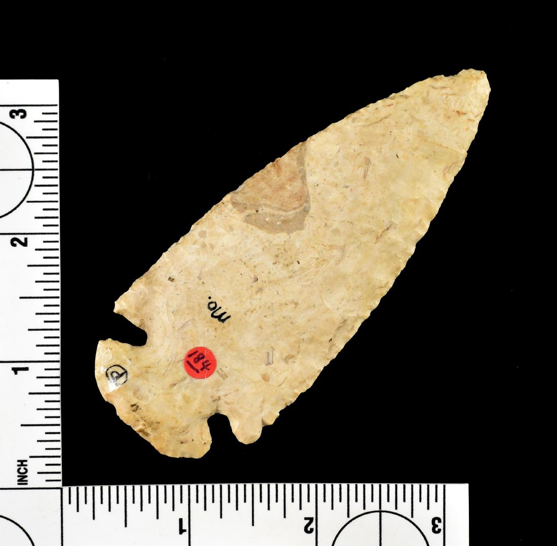 3 7/8" Dovetail - Perino COA: Nice large Dovetail in Burlington Chert formerly of the Lyle Nickel, Dick Combs, and Hughes Collections. Good Perino Paper dated 11/6/95.