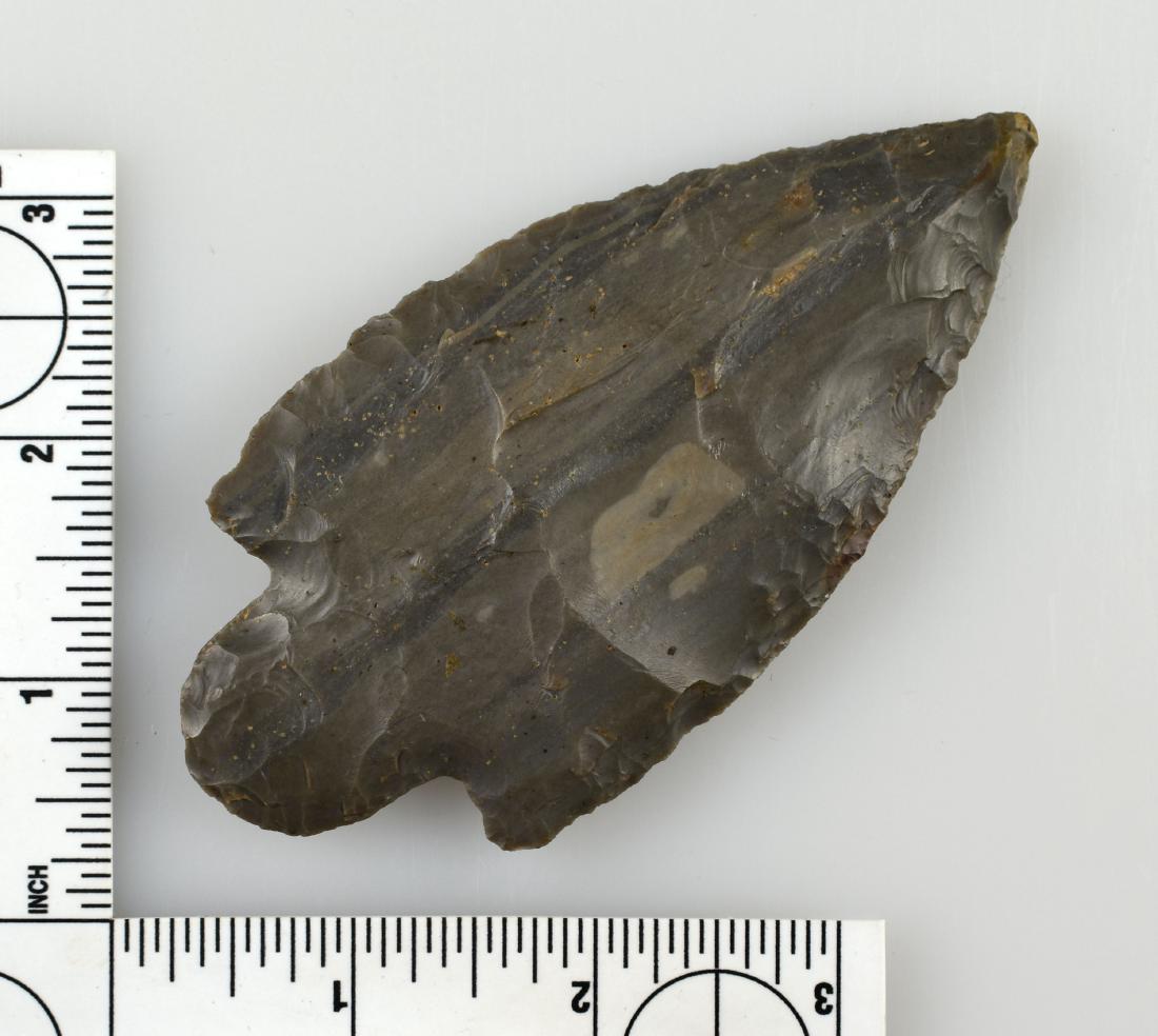 4 3/8" Adena Beavertail - Rogers COA: Banded Gray Hornstone example from Scioto Co., Ohio. Ex - Diamond and Meyer Collections. Rogers COA. G-9+ Example.