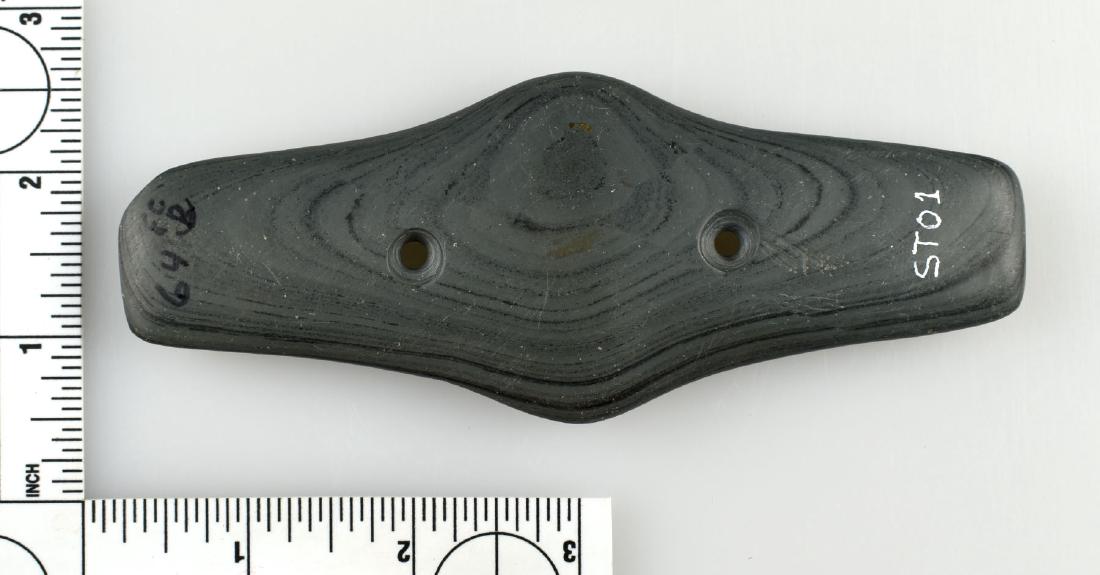 5 7/16" Expanded Center Gorget: Green Banded slate example with collector polish. Stark Co., Ohio. Ex - Converse, Lincoln Smith Collections.