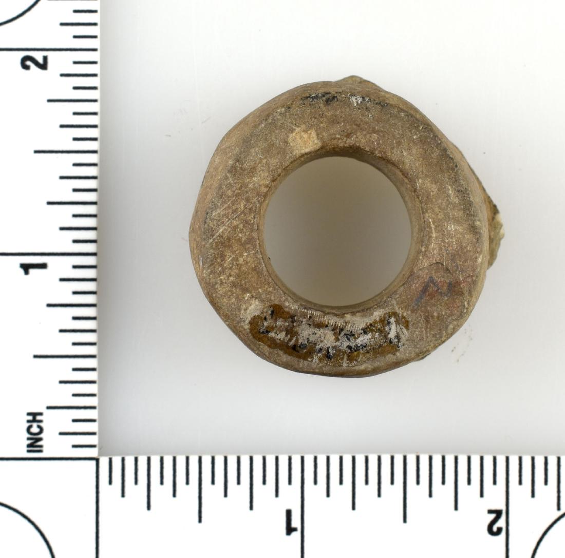 1 7/16" Spiro Ear Spool: Nice example with residual copper from LeFlore Co., Oklahoma. Reported from the Temple (Craig) Mound. Ex - Larry Johnson and Lincoln B. Smith Collections. Hardstone.