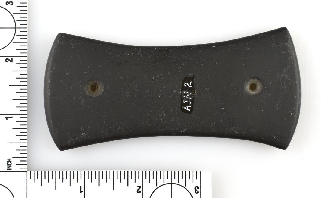 4 7/16" BiConcave Gorget - Collector polish.: Black slate example from Indiana. Ex - Converse Auction, Lincoln Smith Collection. Collector polish present.