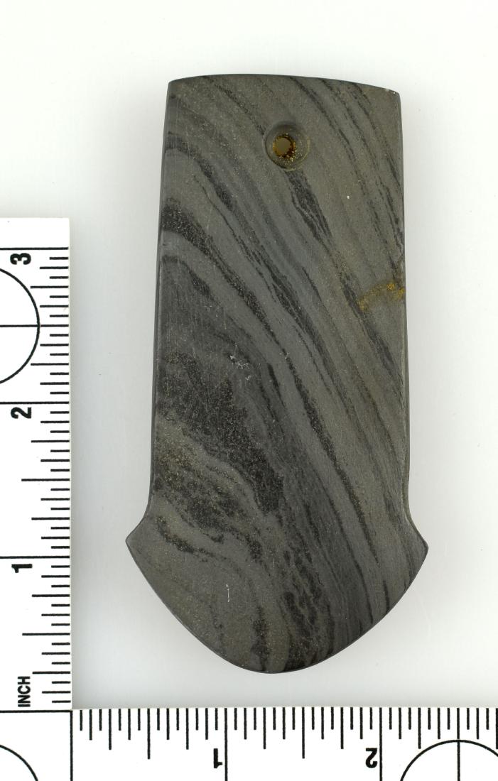 3 13/16" Shovel Pendant: Green banded slate example from an Ohio Estate collection.