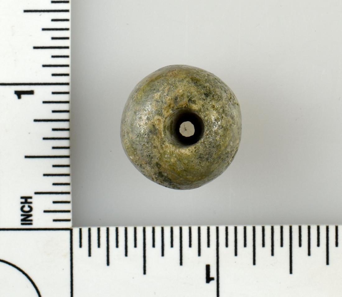 13/16" Mayan Jade Bead: Nice round bead from Central America. Ex- Meyer Collection