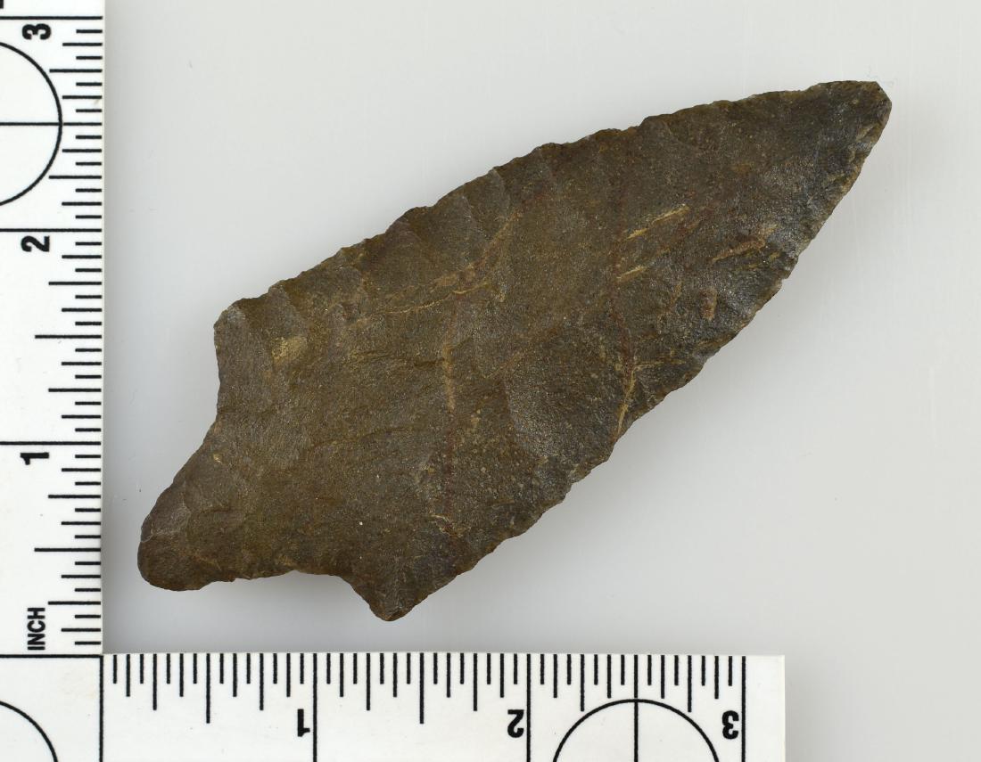 4 1/8" Gary: Nice example reported from North Texas. Dark colored fine grained quartzite material. Ex - Meyer Collection.