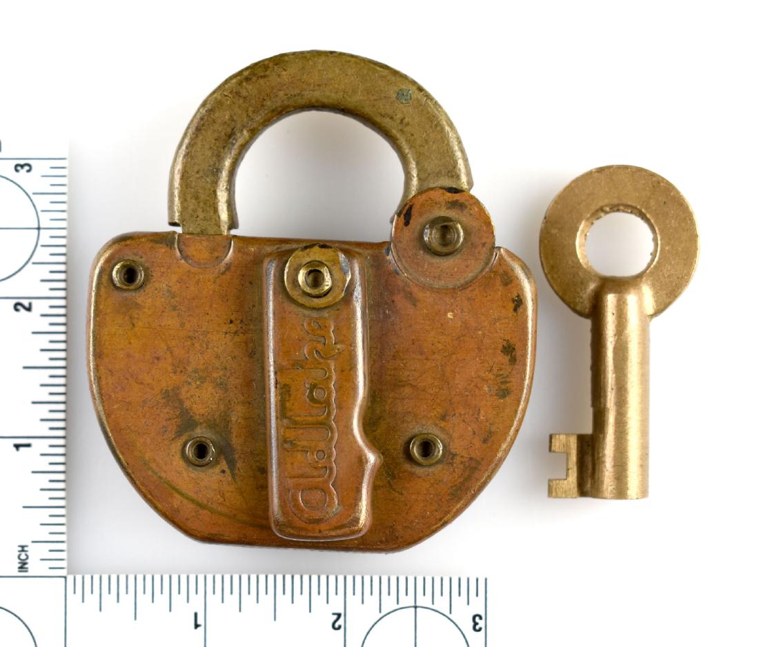 3 5/8" Vintage Adlake Brass Lock: Old lock with curved key. Works!