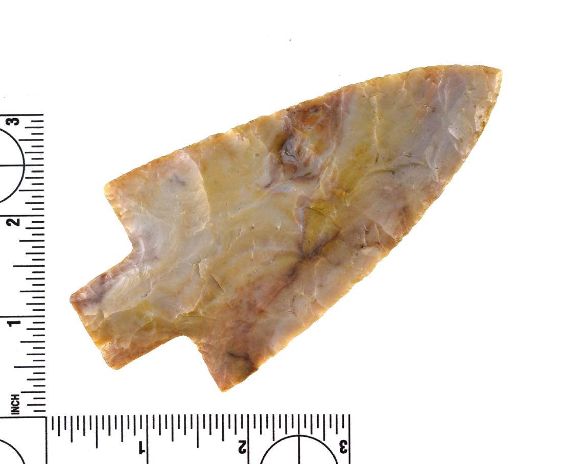 Superb 4 9/16" Adena Robbins - Putty G-10 COA: Big, beautiful, translucent Flint Ridge example from Paulding Co., Ohio. Truly a stand-out artifact. Excellent symmetry, perfect form, and precise flaking. Ex- famed Charlie West Collection. Putty G-1