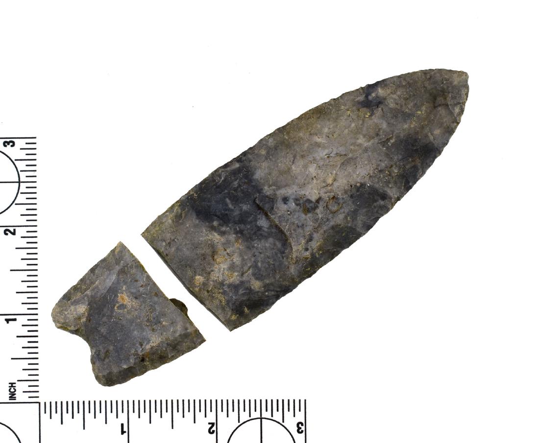 5 1/4" Clovis *Broken: Unusual lot! A clovis broken by previous owner into two clean pieces with no fragments! Flute extends 50% up one side, unfluted on other. Reported from Steuben Co., New York, ex - Frank Pitcher Collec