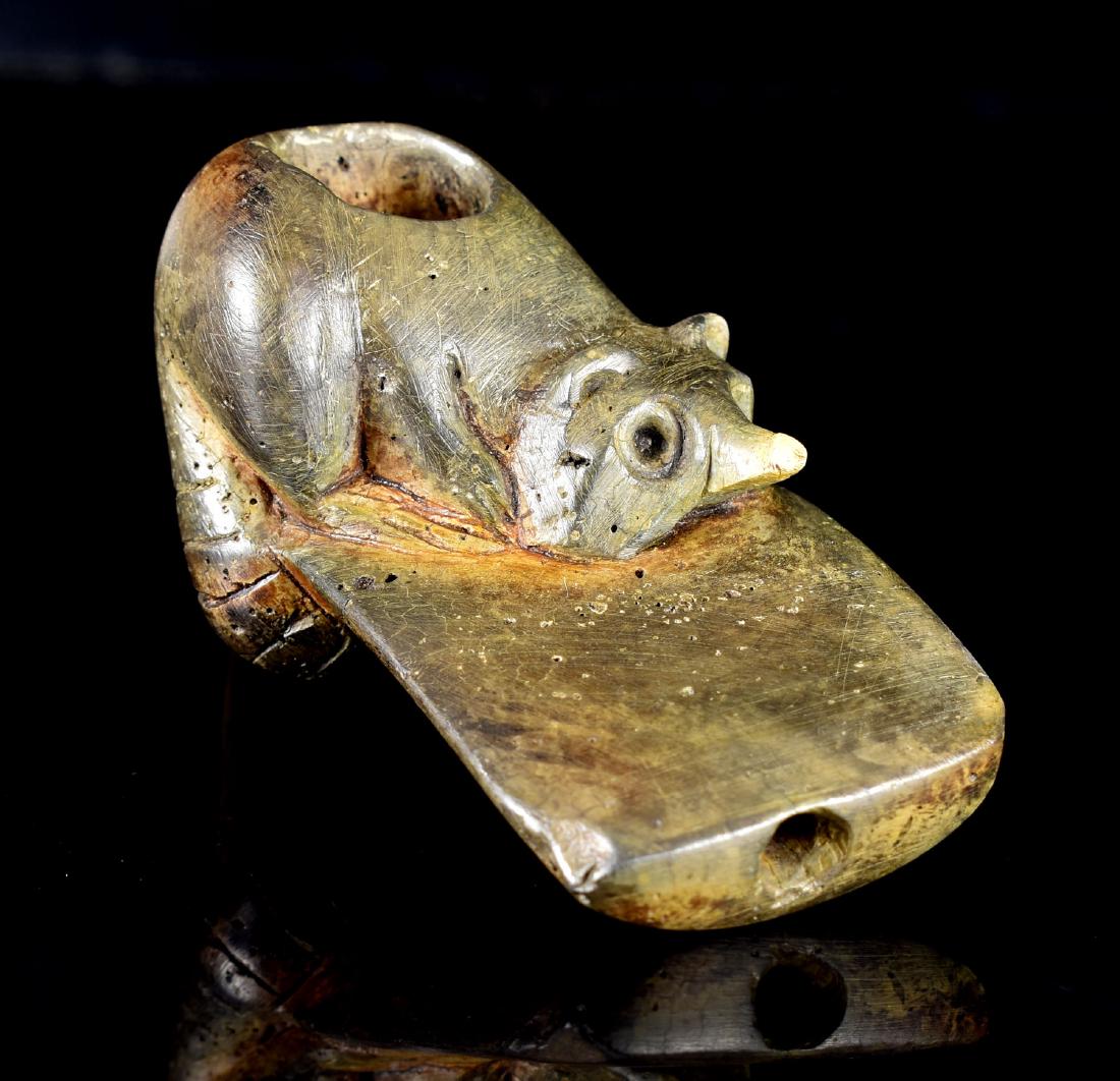 2 7/8" G-10 Raccoon Effigy Platform Pipe - Jackson G-10: Exceptional example from Darke Co., Ohio. Partially cremated in a greenish-gray Ohio pipestone. Residual collector or museum number present. Jackson G-10 COA. Ex - Leveque Collection.