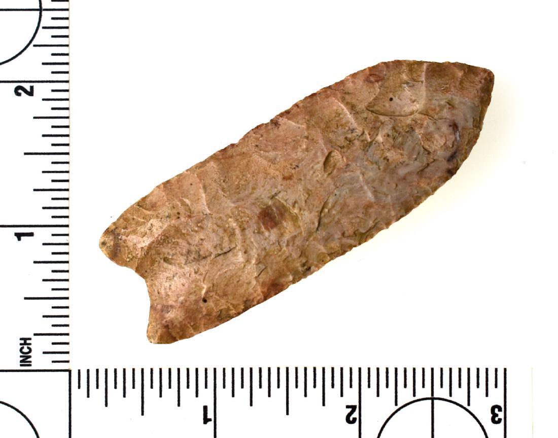 3" Clovis - Stermer COA: Nice example in a G-8.5+ form. Pretty light pink/tan chert. Harrison Co., Tennessee. Ex - M. Bash, Smith Collections