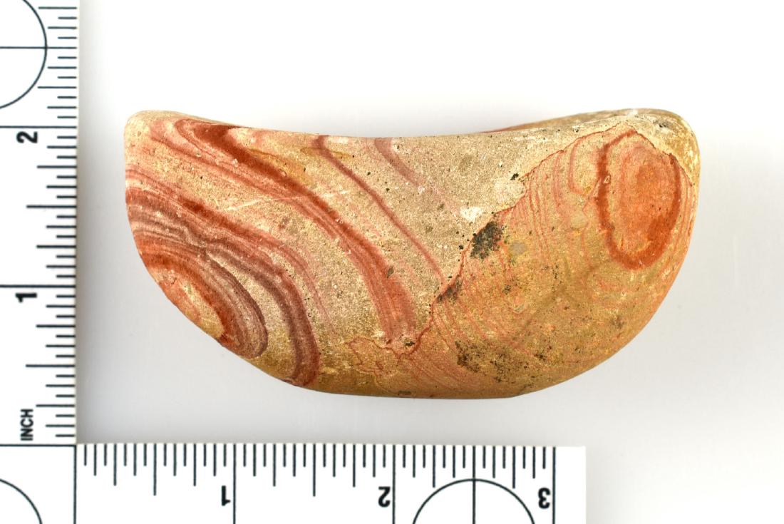 3 3/8" Boatstone - Jackson G-8+ COA: Arkansas/Missouri example made in a beige and pink swirled sandstone. Jackson G-8+ COA. Ex - Meyer Collection.