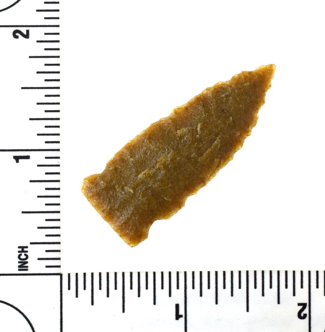 1 7/8" Hawken - Taylor COA: Orange Quartzite example from the High Plains. Found by Kevin Thorton in the Snake River area of Cherry Co., Nebraska. Ex - Andy Stebbing and Corky Thorton Collections. Jeb Taylor COA.