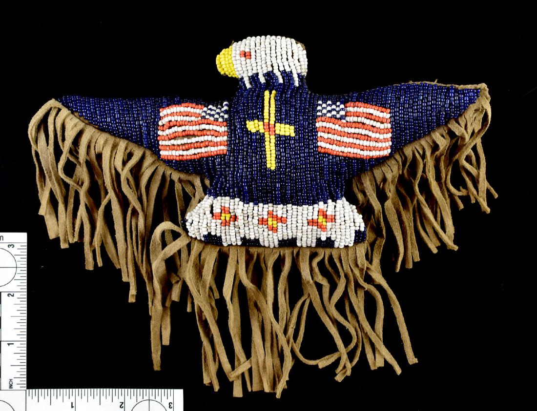 8 1/4"x 7 5/8" Beaded Eagle Fetish: Nice example with american flag beadwork in blue, white, coral-red and yellow beads. Exact Age unknown, but probably post 1920.