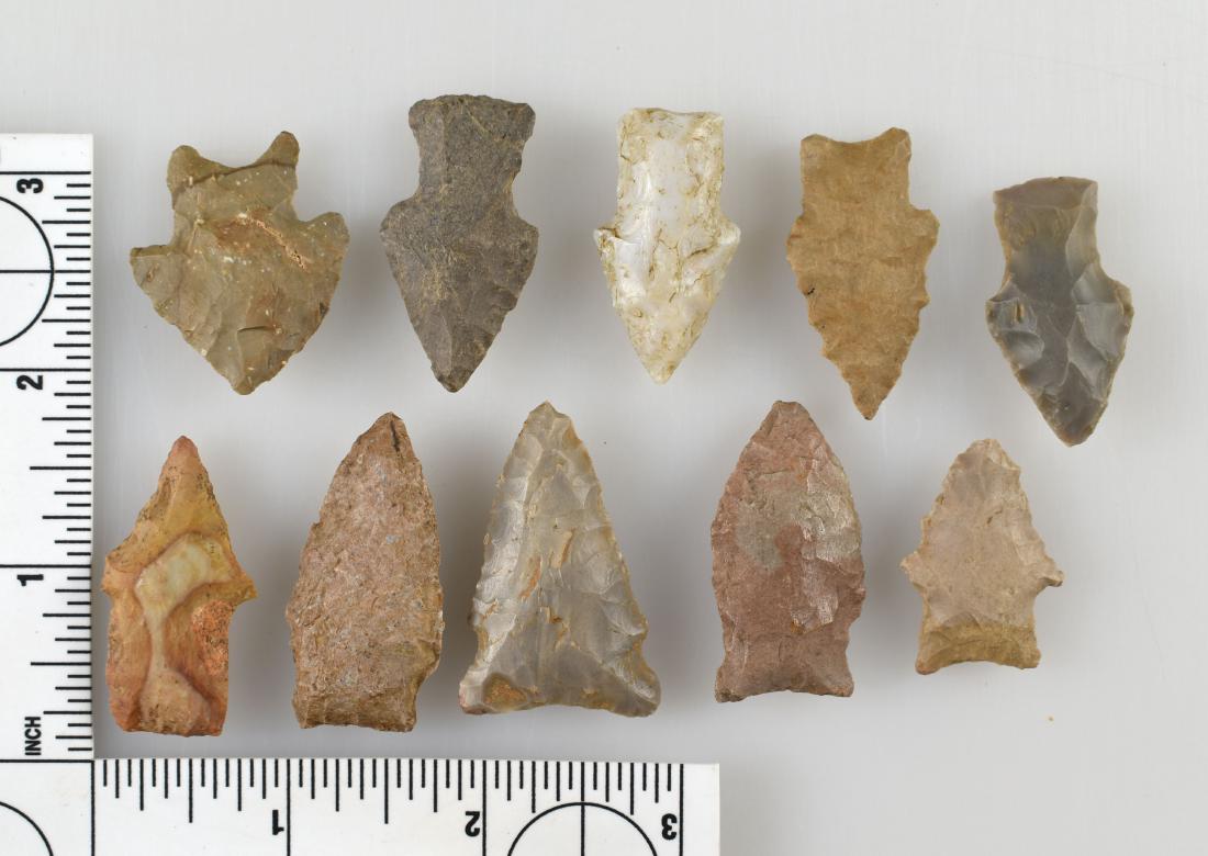 10 Excellent Tennessee Arrowheads: Includes a nice 1 1/2" Ex- Steve Walker Beaver Lake made of rare Buffalo River Chert. Also a 1 1/2" point ID'ed by the consigner as a Hardaway Dalton found by Bill Hughes in Montgomery Co., 